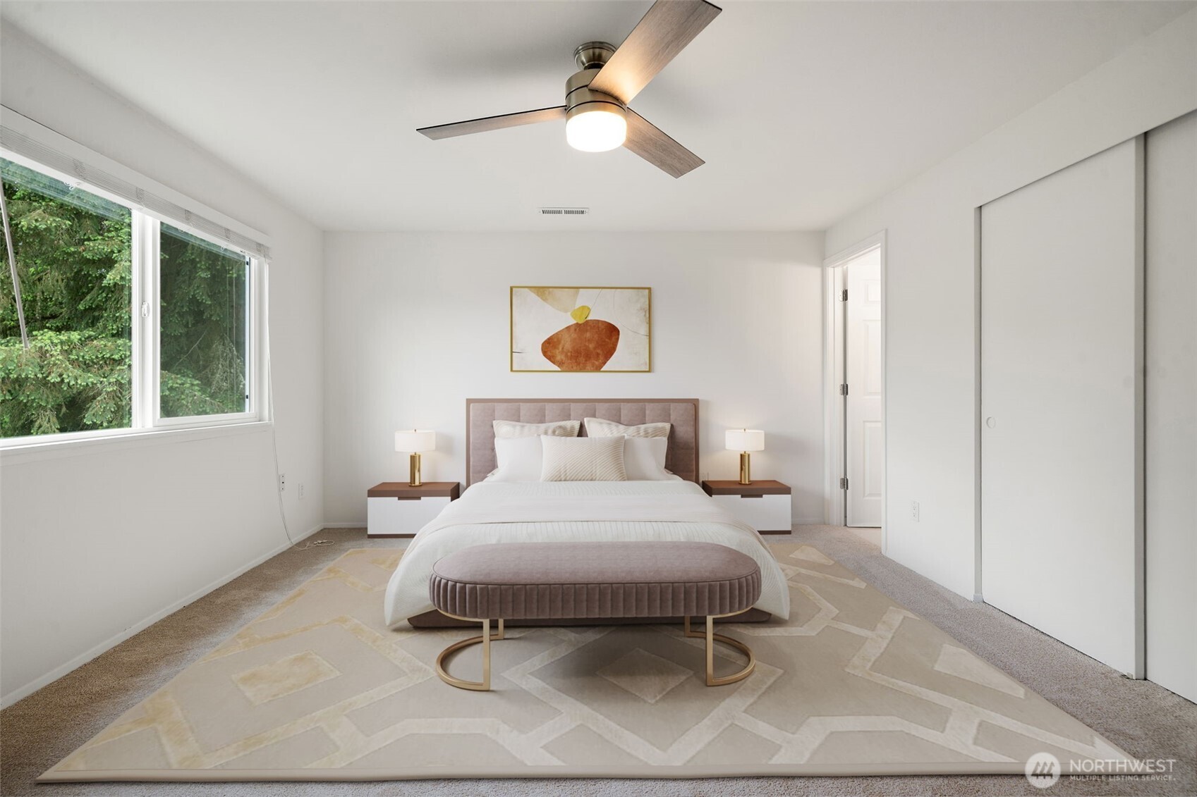 Primary Bedroom with en-suite bathroom - fresh carpets & paint. Great closet spaces. Virtually staged to show size & possibilities.