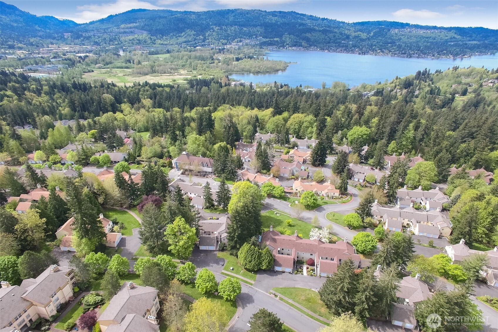 Aerial of Village just above beautiful Lake Sammamish.