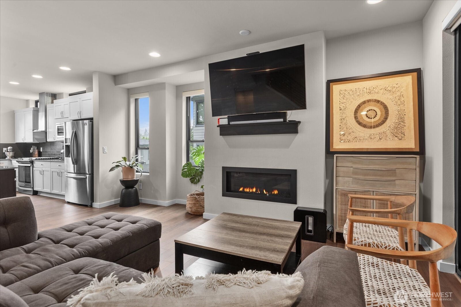 Living room with cozy fireplace