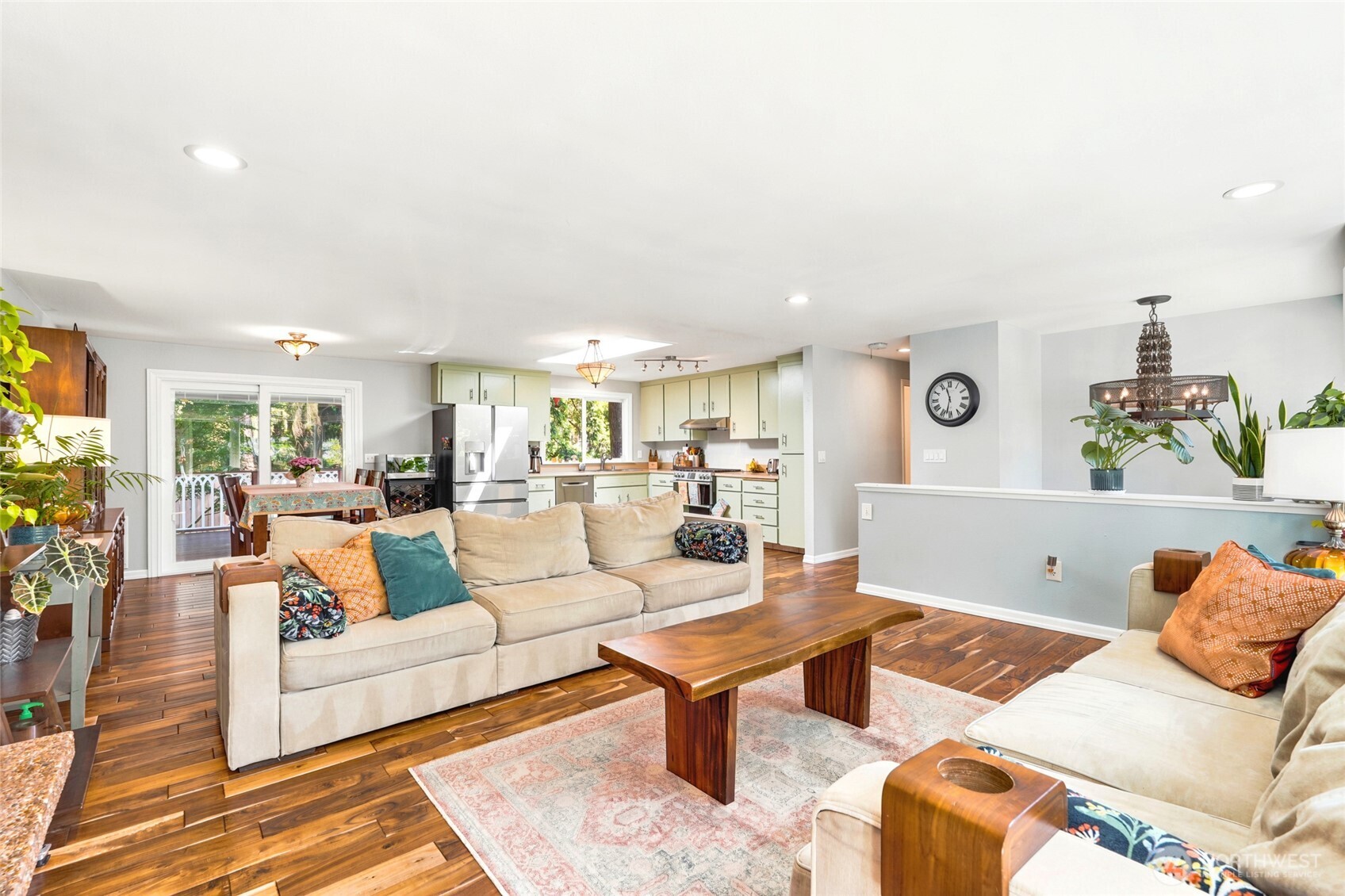 Open concept kitchen, living and dining space.