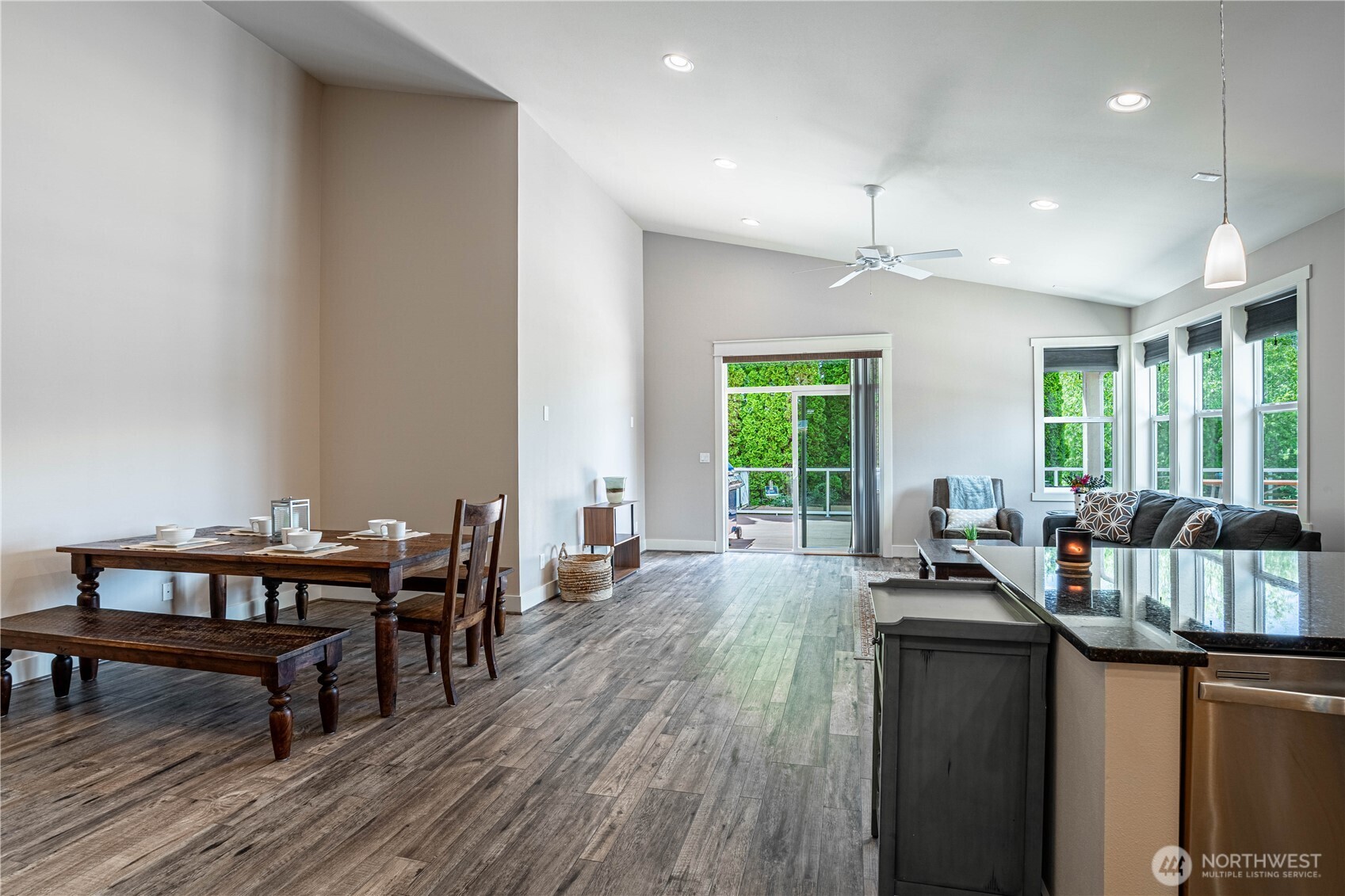 Vaulted ceiling and open floor plan
