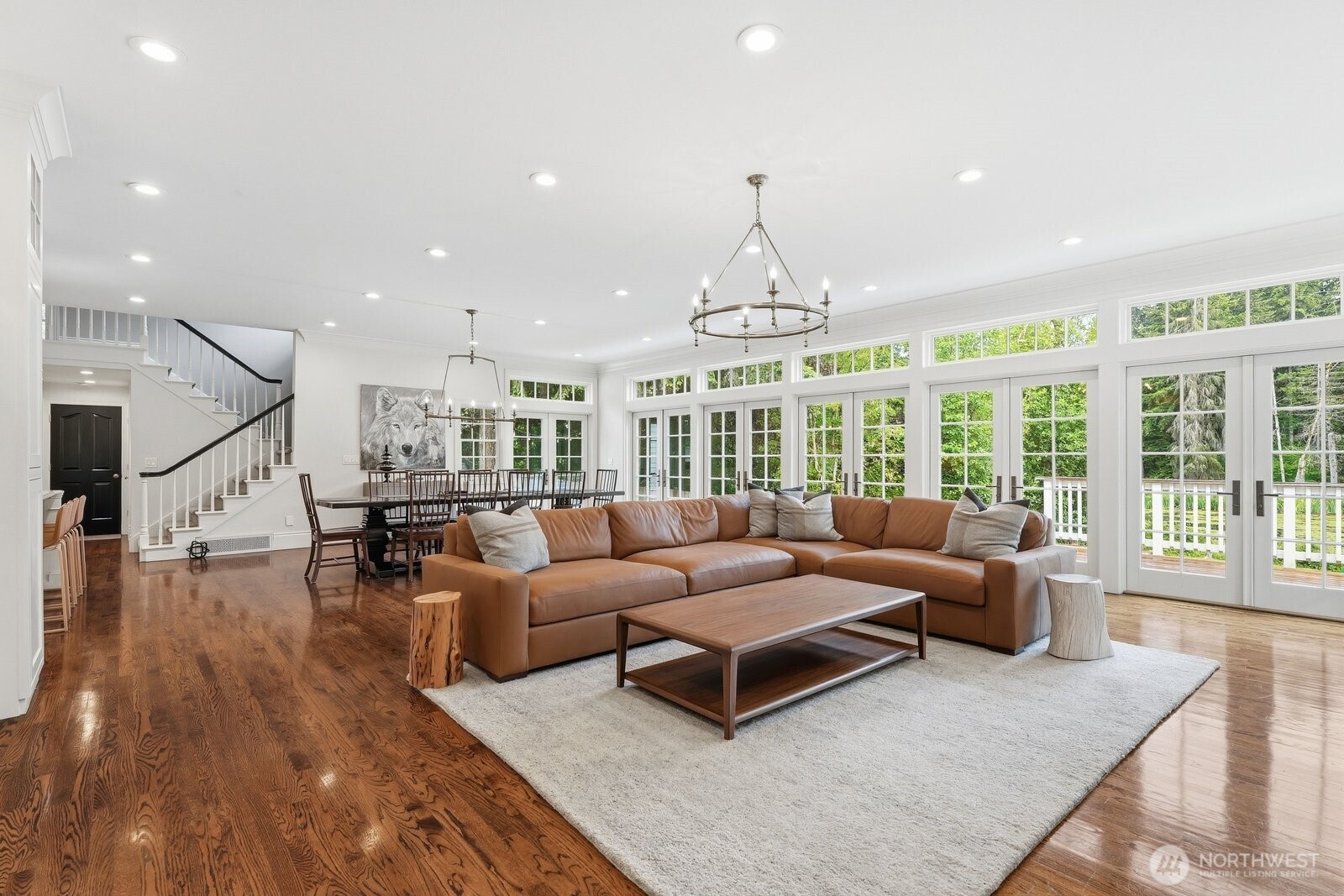 Bathed in natural light from its desirable southwestern exposure, this area overlooks a serene natural pond.