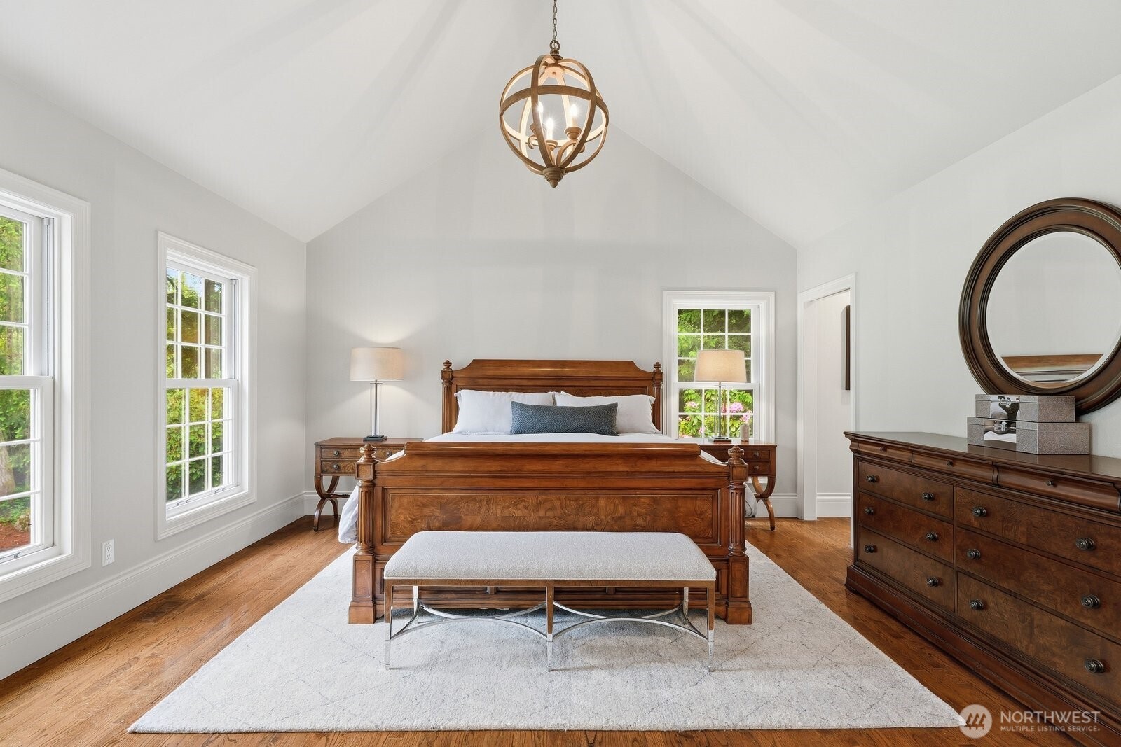 Vaulted ceiling with a bespoke chandelier.