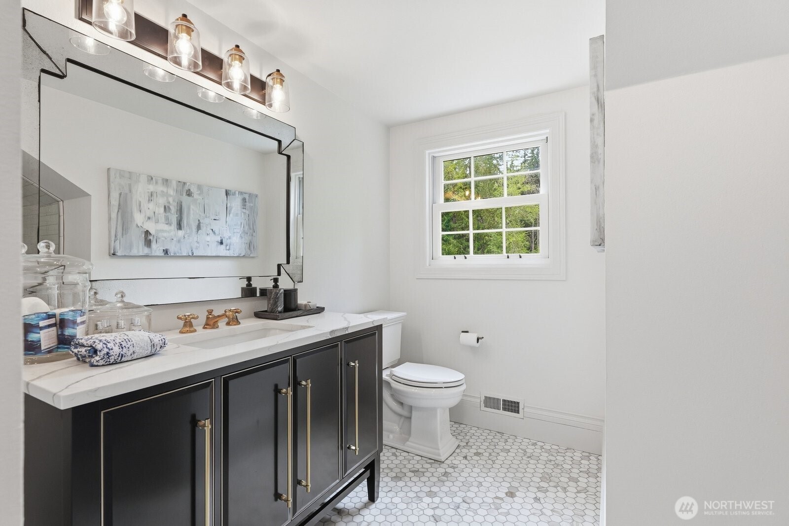 The marble 3/4 bathroom in the bonus room also with a closet.