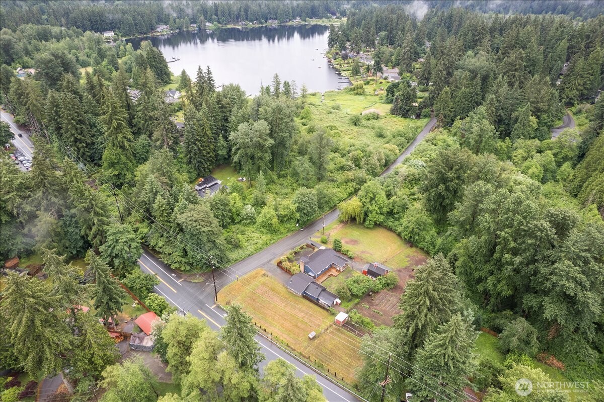Ariel view with cottage lake