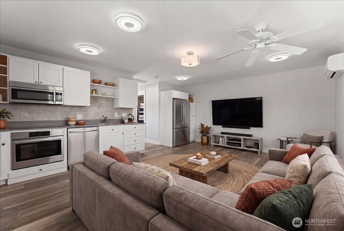 Virtually staged ADU living room and kitchen