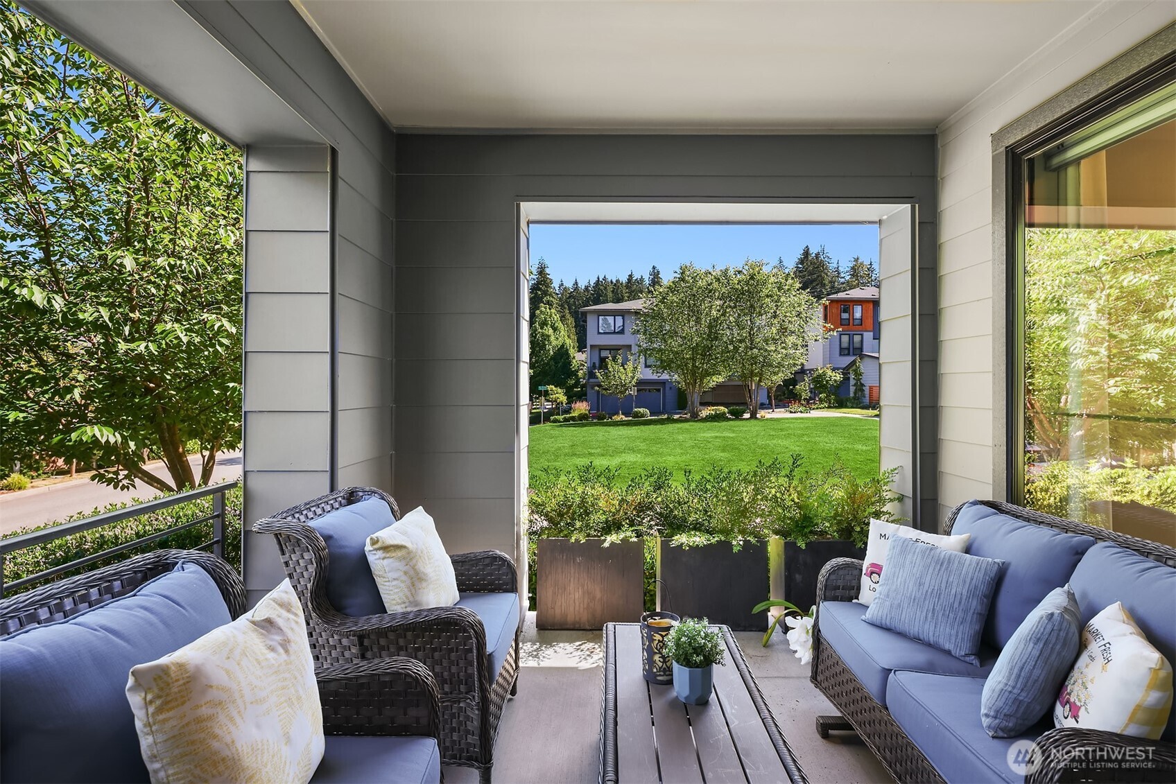 The patio is adorable. Plenty of room for conversation patio set, and a grill. Overlooks the community square giving the feel of a spacious back yard. Few homes in this community enjoy this view.