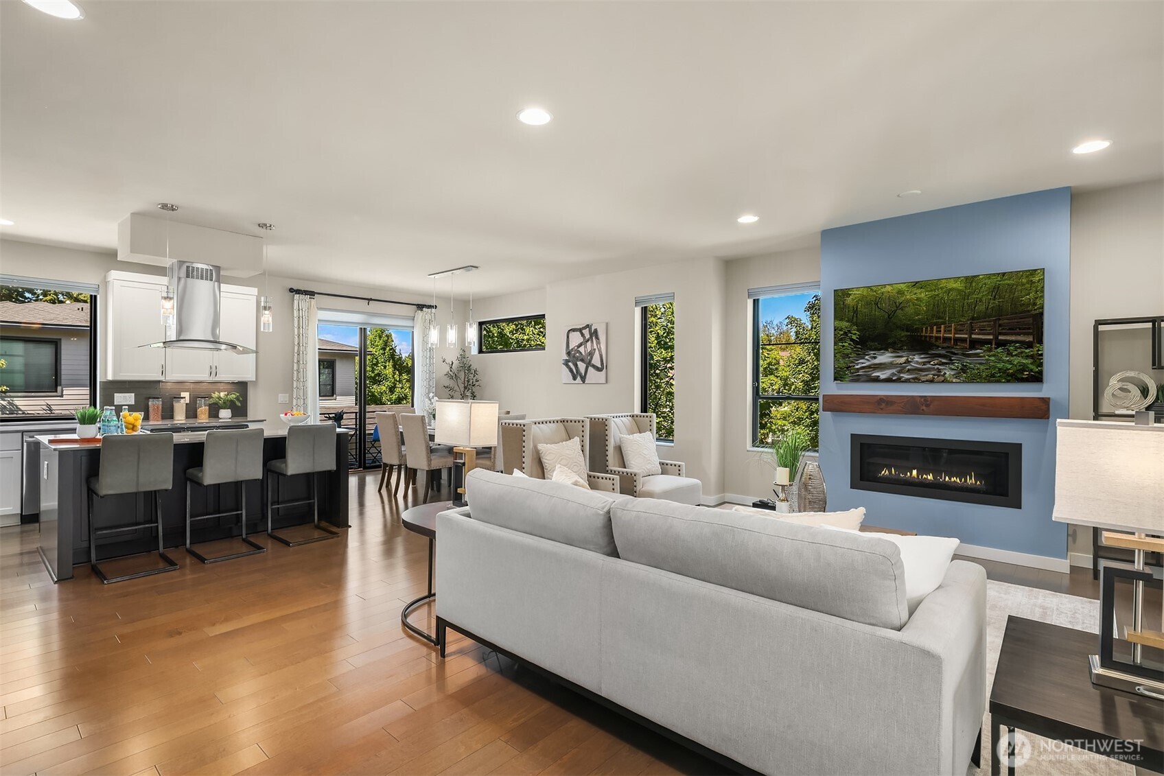 Open concept Great Room is spacious with distinct, yet generous kitchen, living and dining spaces