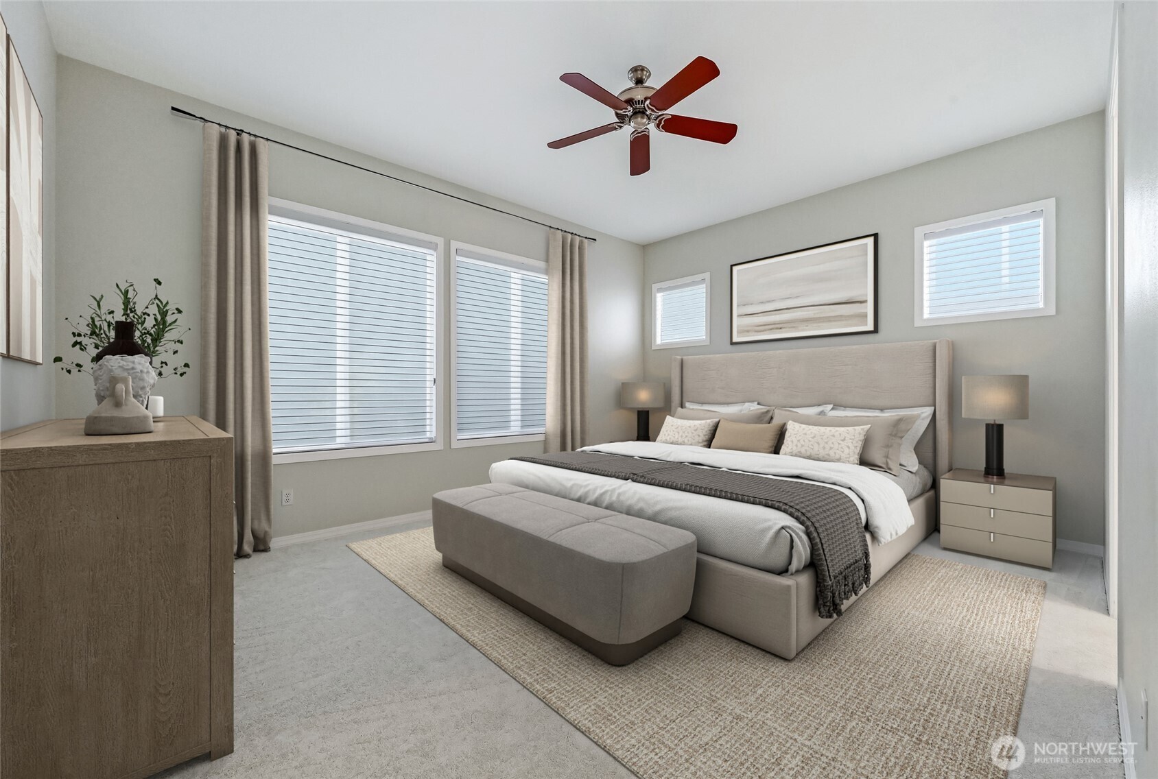 Primary bedroom, virtually staged.