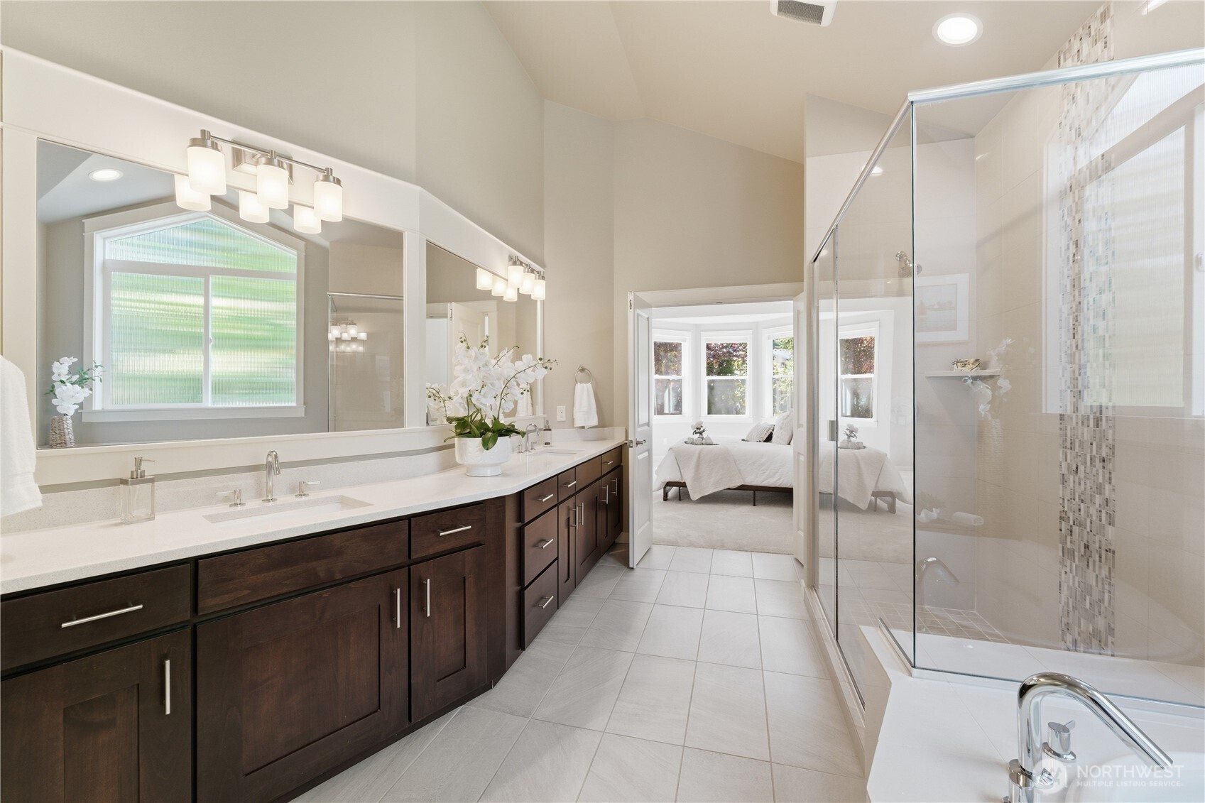 A spacious vanity that easily accommodates the most discerning morning routines