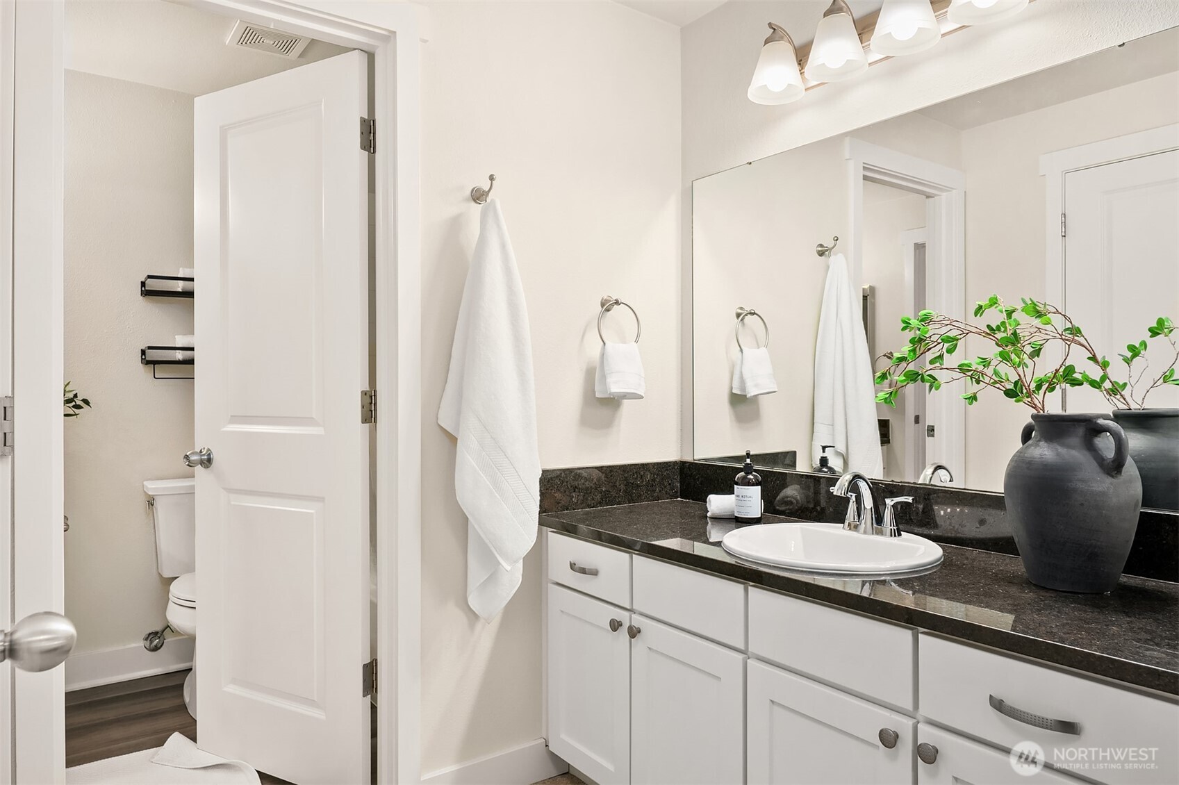 Sink area right off primary, opens to upper level full bathroom.