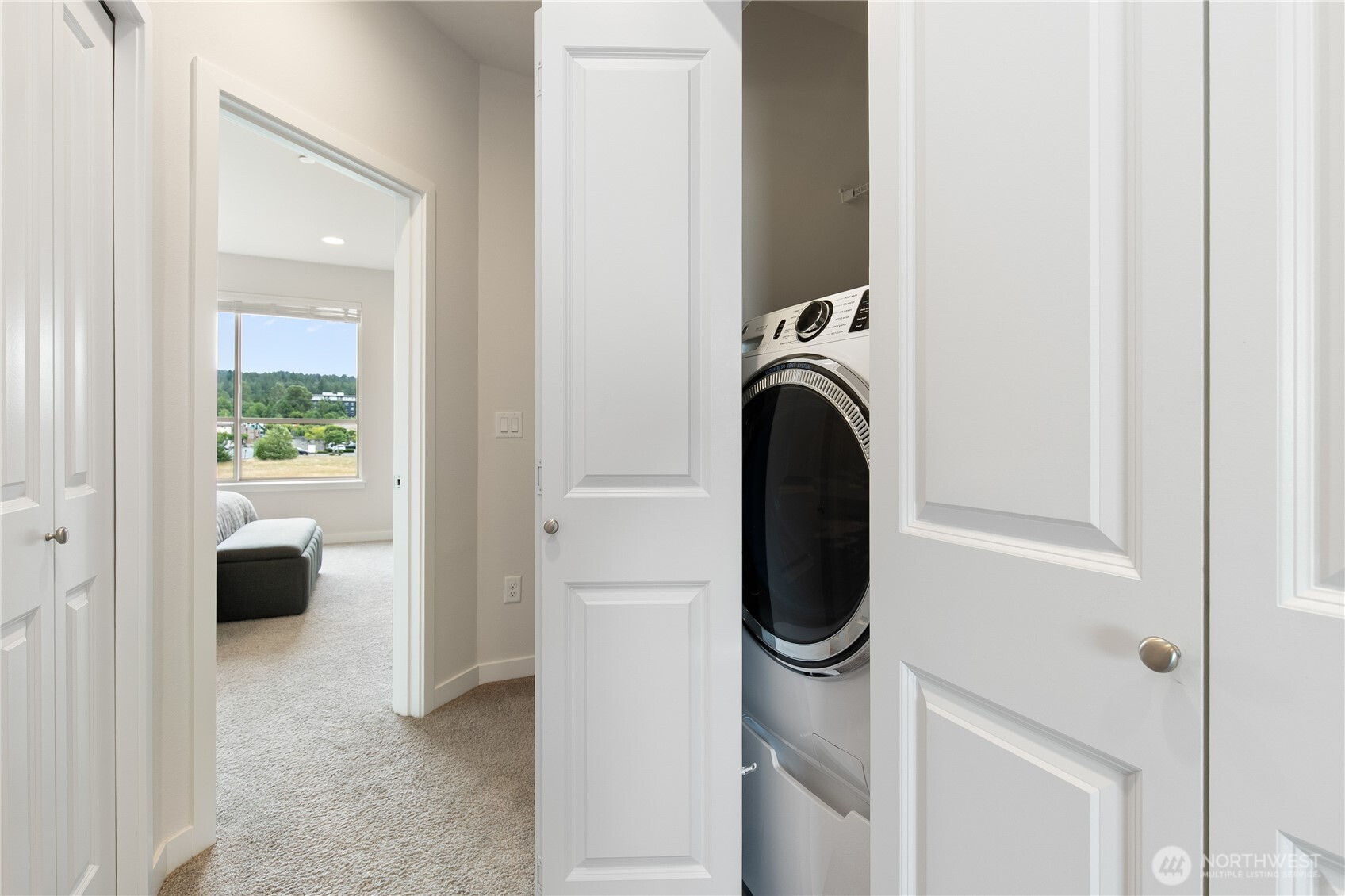 Washer and dryer conveniently located on upper level.