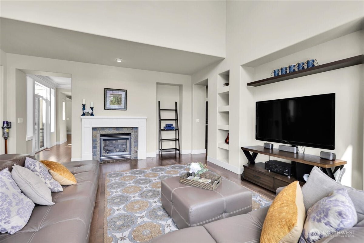 Family Room with Fireplace and built in Shevles