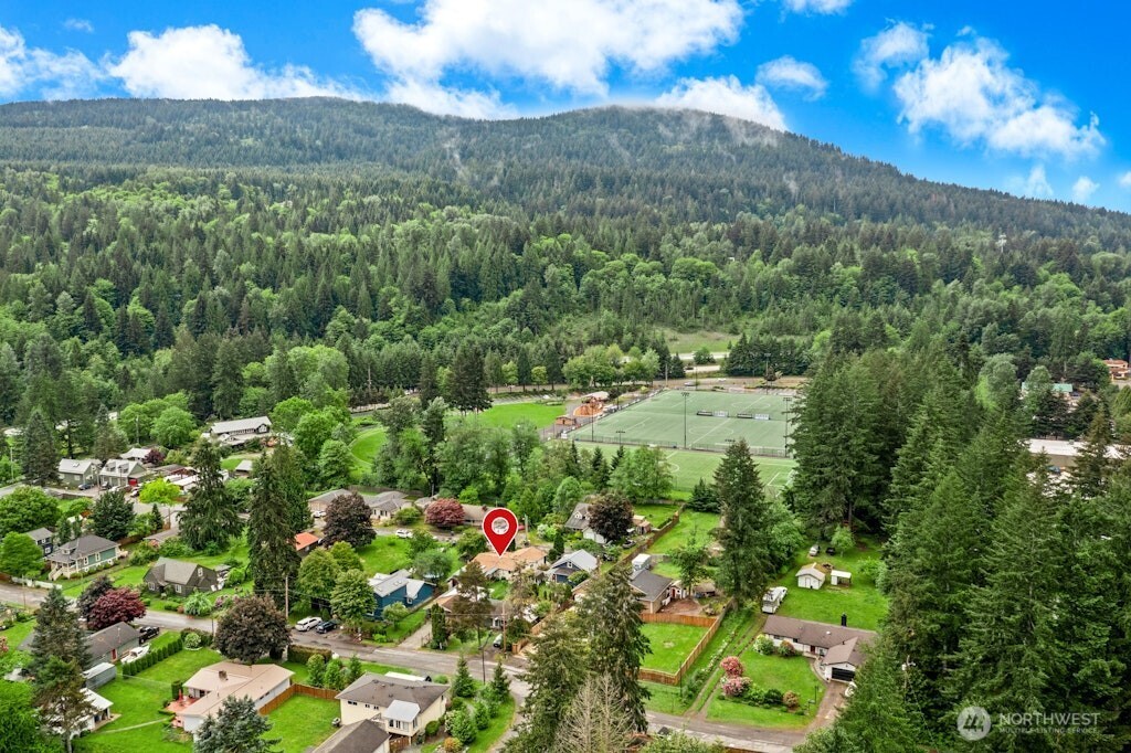 Aerial view showing the depth of this 9200sf lot