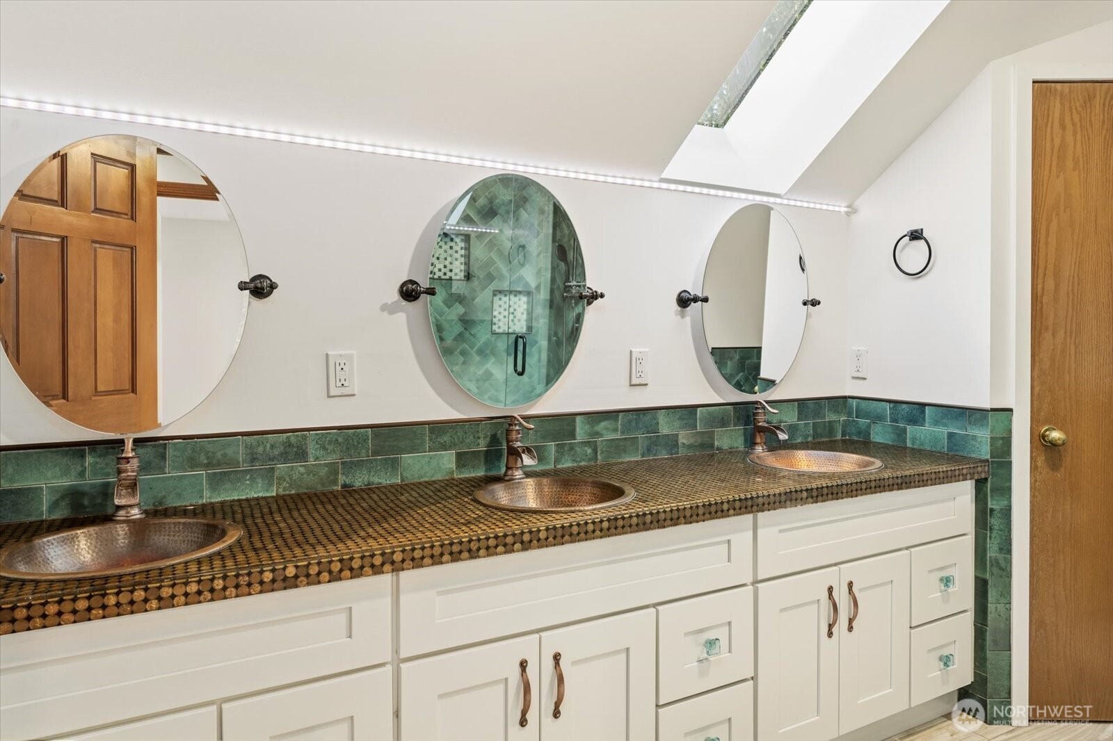 Custom penny countertop and copper sinks
