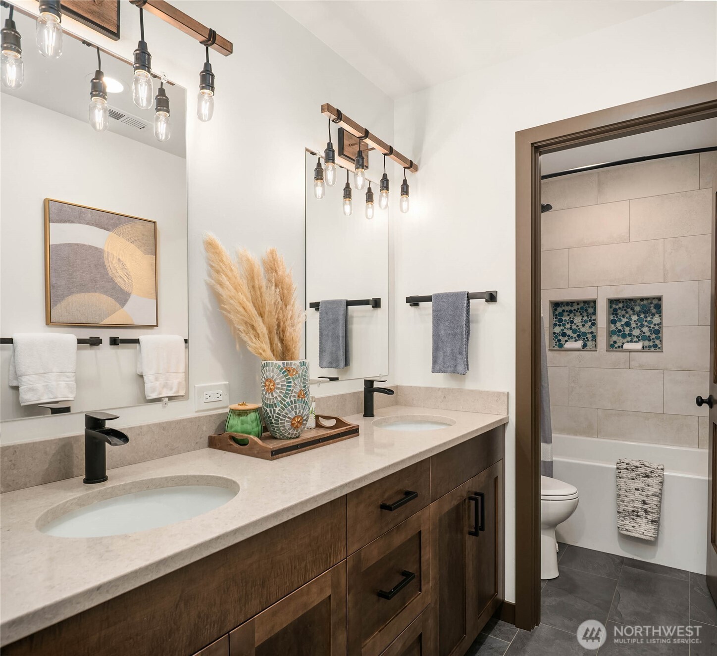 Upper floor bath with dual vanity.