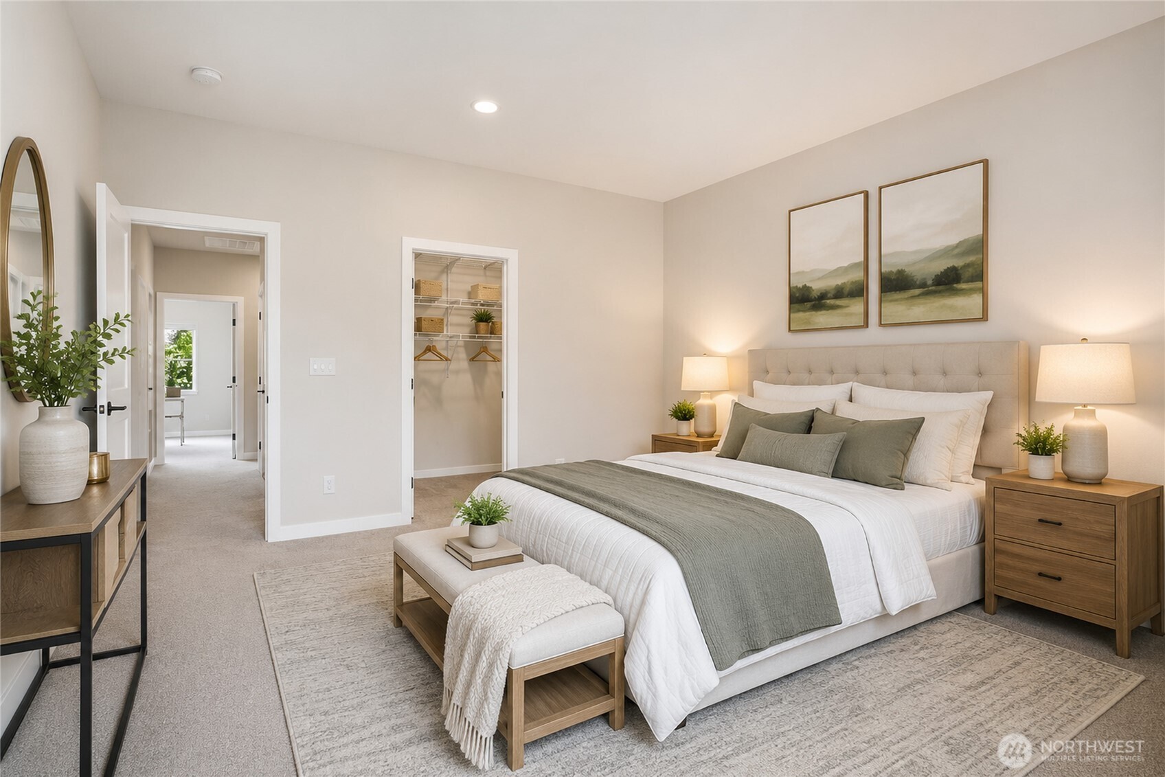 Nice Size Primary Suite with walk in closet, private balcony with mountain views and a deluxe master 5 piece bath with quartz counters and modern designs!  Virtually staged! Actual staging varies!
