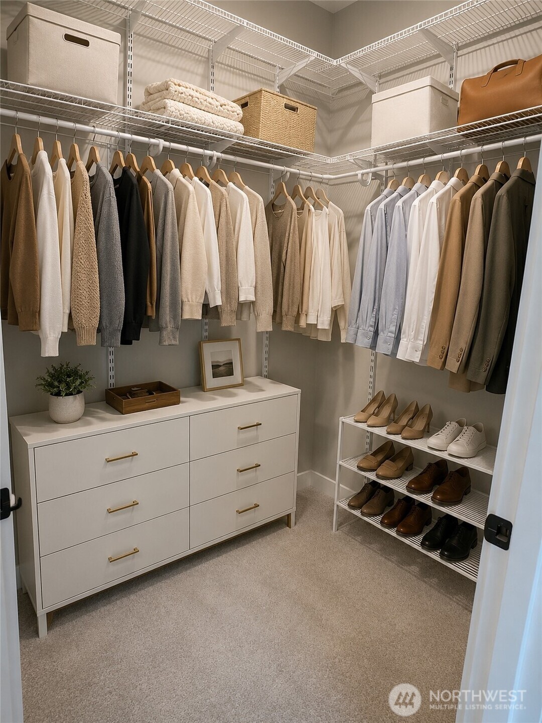 Spacious walk-in closet of the primary suite. Virtually staged for illustration purposes only.