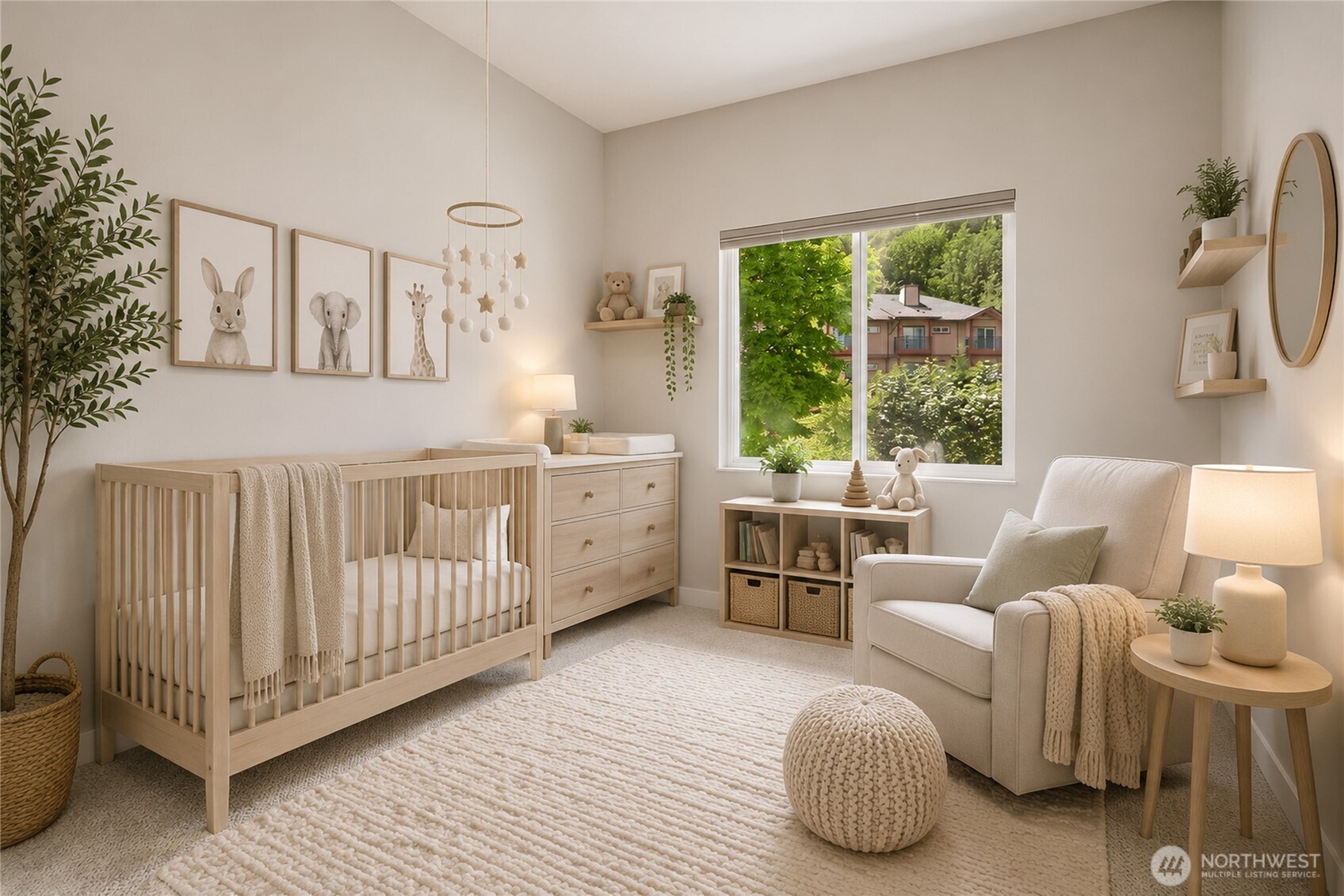 Spacious secondary upstaris bedroom currently staged as an office!  This is a virtual staged nursery pic for options and illustration purposes only!