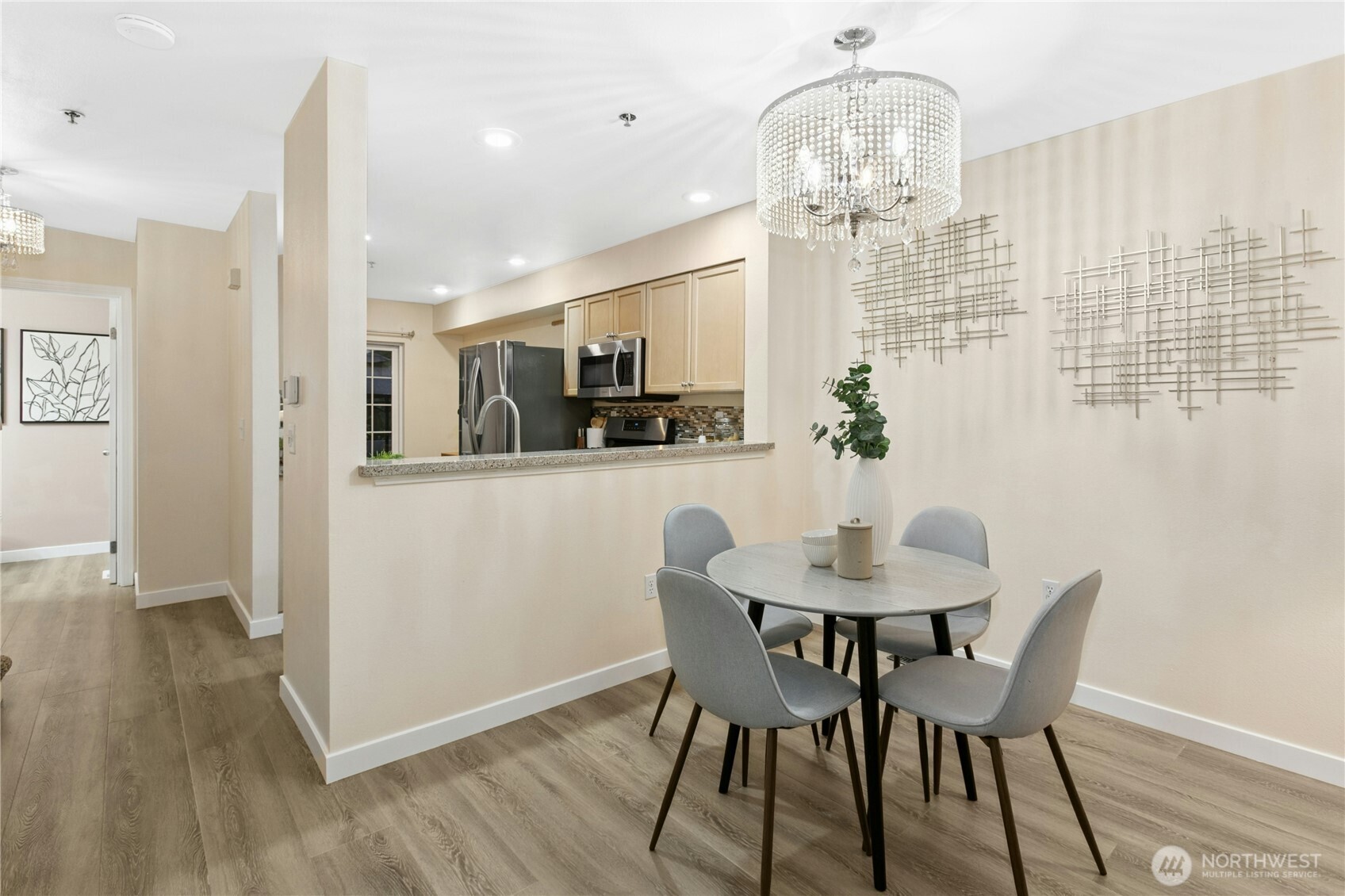 Dine under designer lighting.