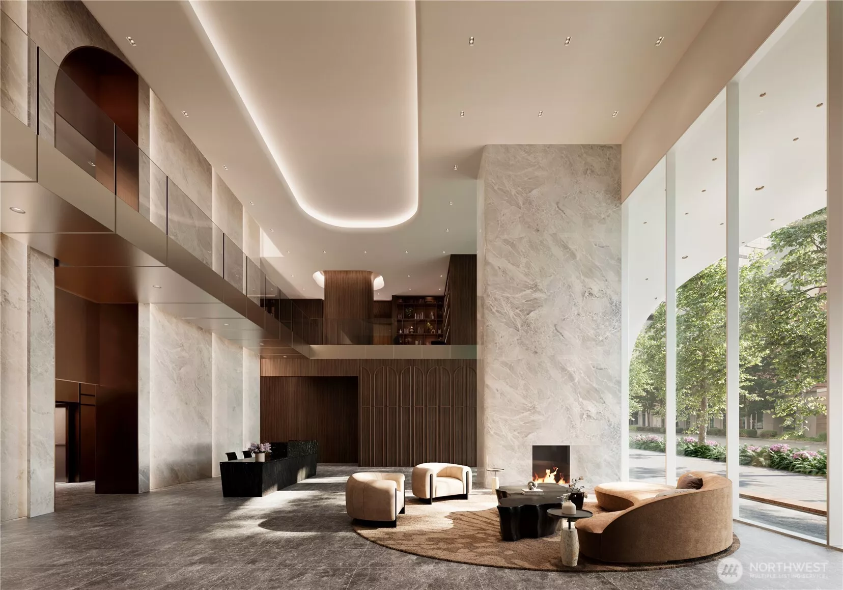 24-hour attended lobby with lounge seating, custom marble clad fireplace, double height marble feature wall, mail room with self-service package lockers, package delivery and acceptance service.