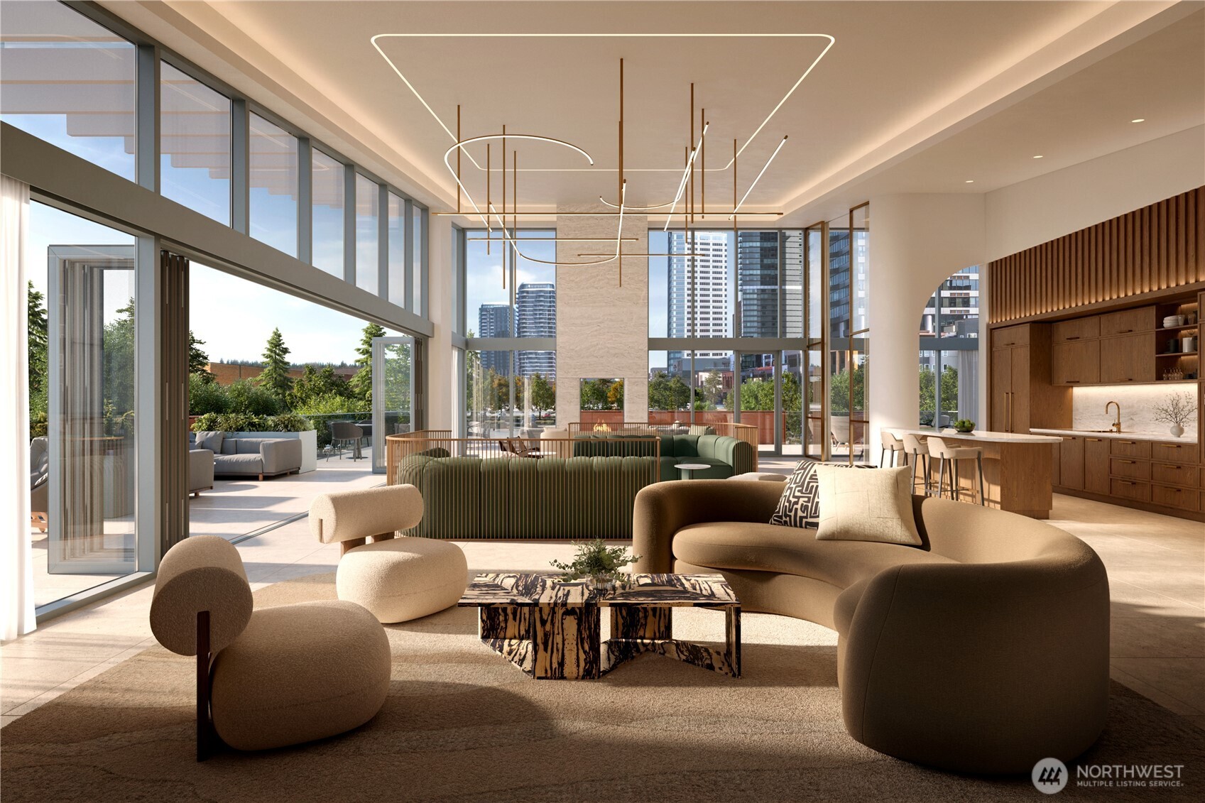 Comfortable seating arrangements for socializing, relaxing or working. Custom entertaining kitchen with stone island, dual multi-sided fireplaces, seamless glass wall opening to terrace. Expansive three-sided landscaped terrace with city views, lounge seating, multiple outdoor fireside retreats for relaxing or gathering, and dining spaces equipped with gas barbecues and pizza oven.
