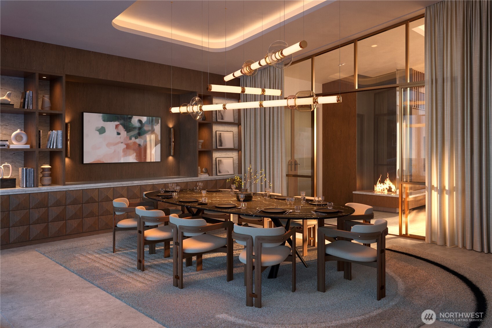 Communal table for entertaining, large food preparation and serving counter, and convenient access to the terrace with fireside seating.
