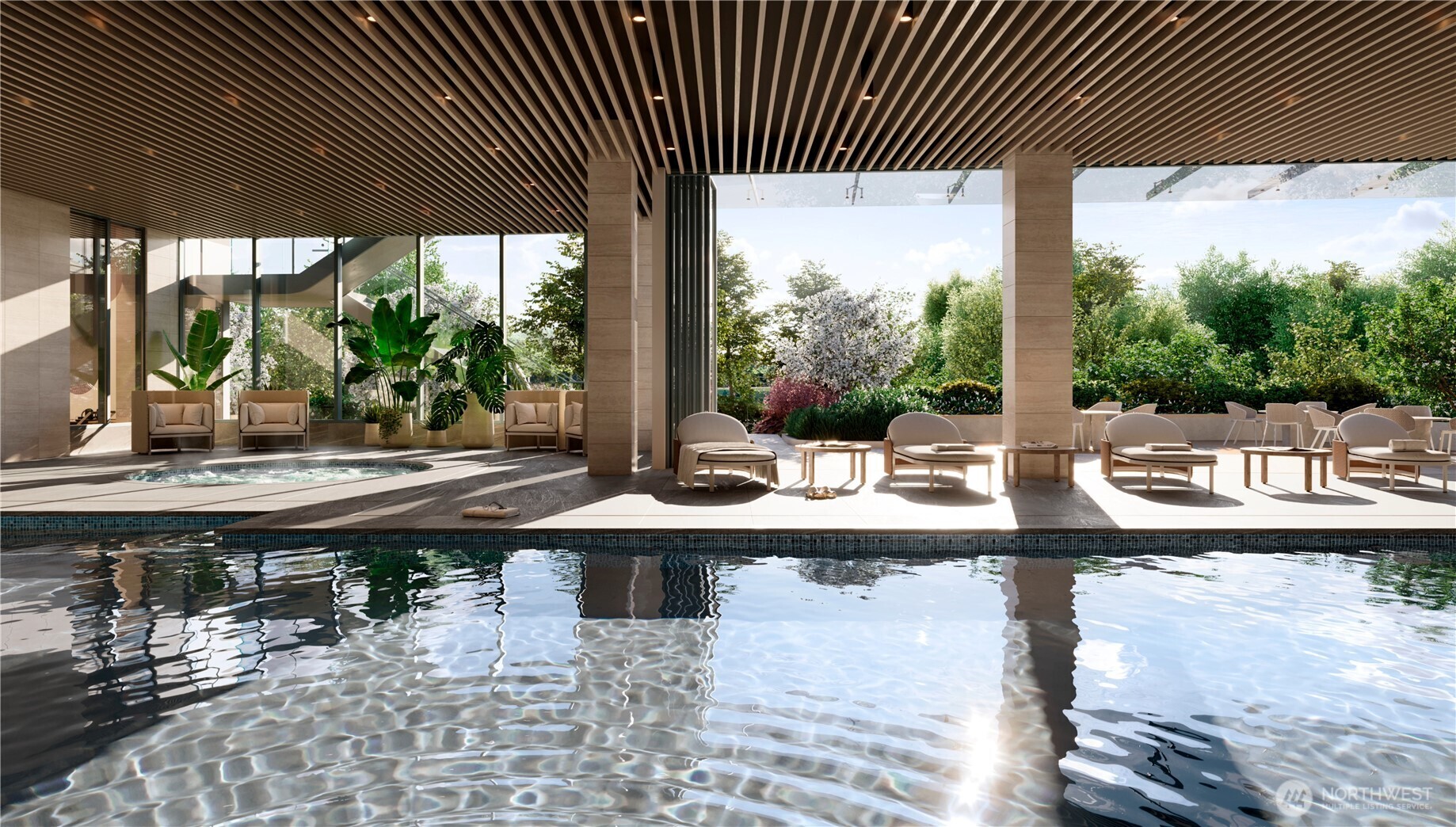 Indoor swimming pool and circular spa, connected outdoor sundeck with lounge seating, steam and sauna, locker rooms and towel service.