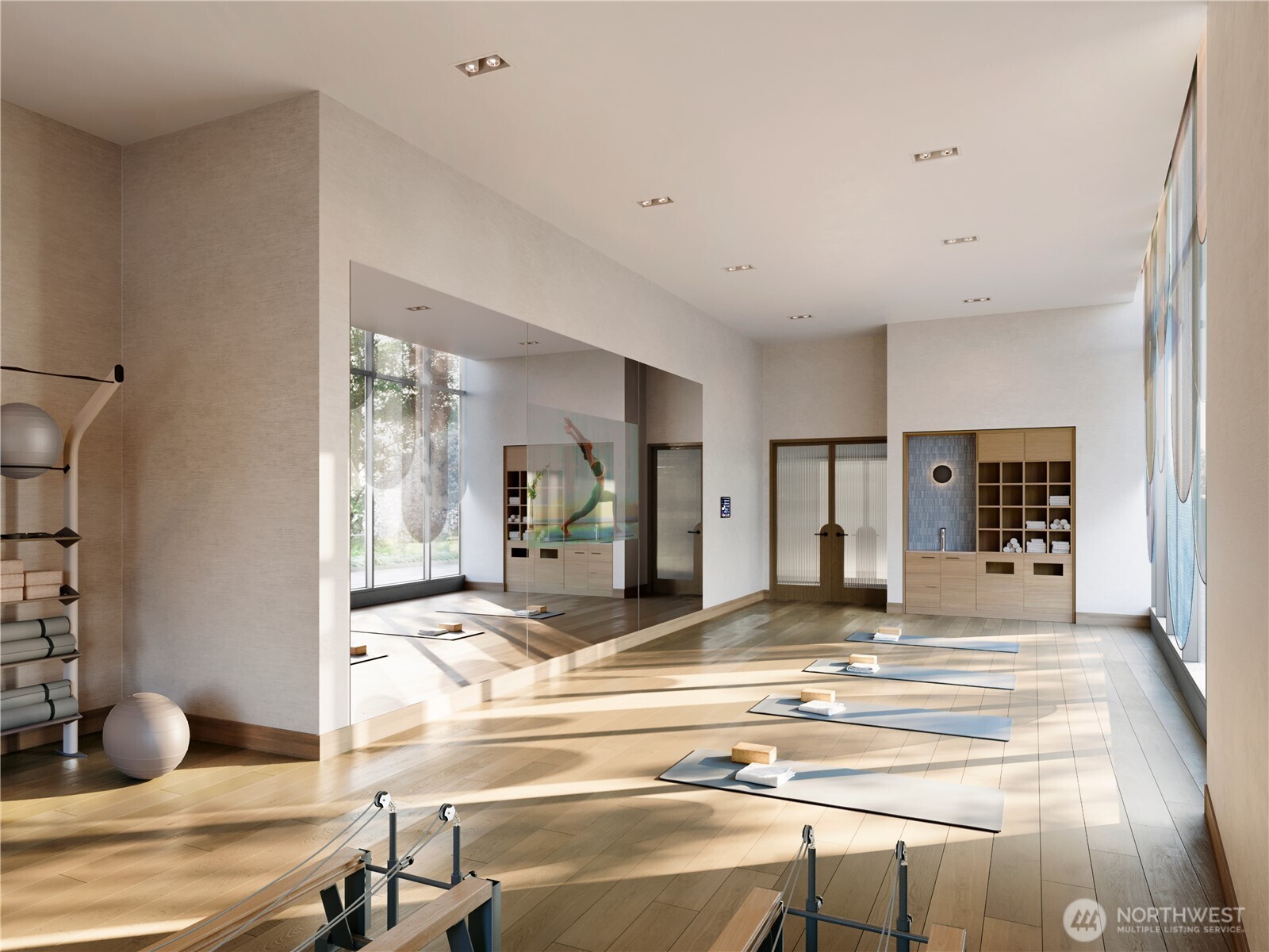Dedicated yoga and Pilates studio with Pilate reformers, on-demand virtual fitness, yoga mats, suspension and strength training accessories, towel service and water station.