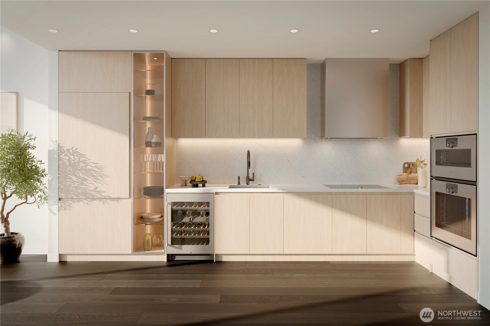 One-bedroom kitchen in the Air Palette, Gagganeu appliances, polished dark chrome Dornbracht plumbing fixtures, and polished quartz countertops and backsplash