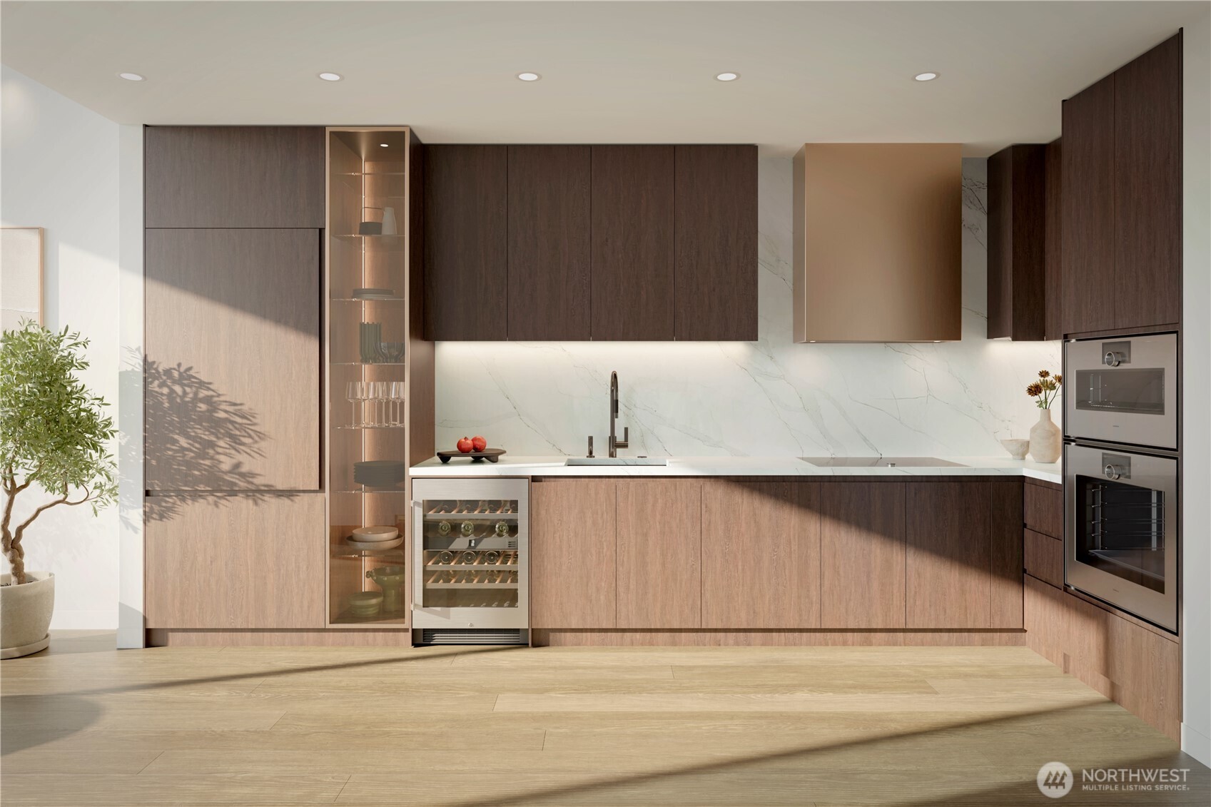 One-bedroom kitchen in the Earth Palette, Gagganeu appliances, polished dark chrome Dornbracht plumbing fixtures, and polished quartz countertops and backsplash.