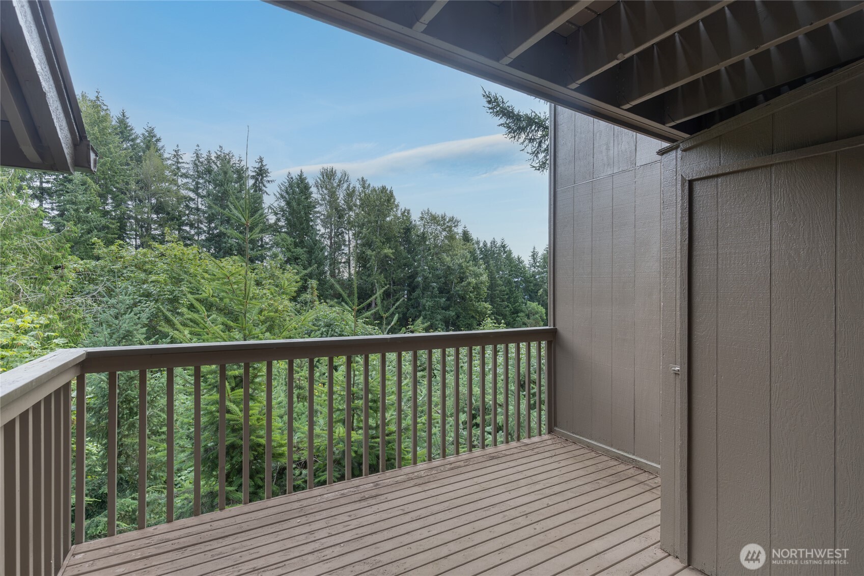 Covered deck sheltered by the trees.