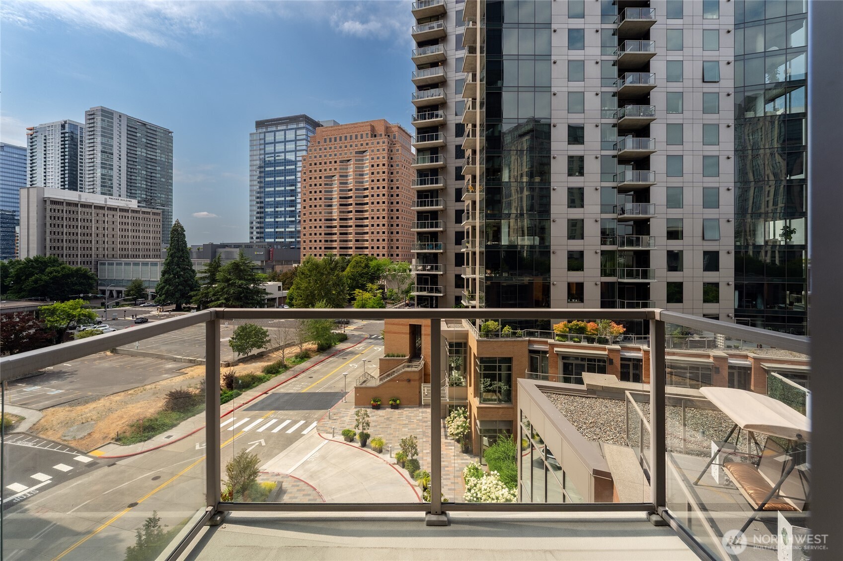 Overlook cityscape through private balcony