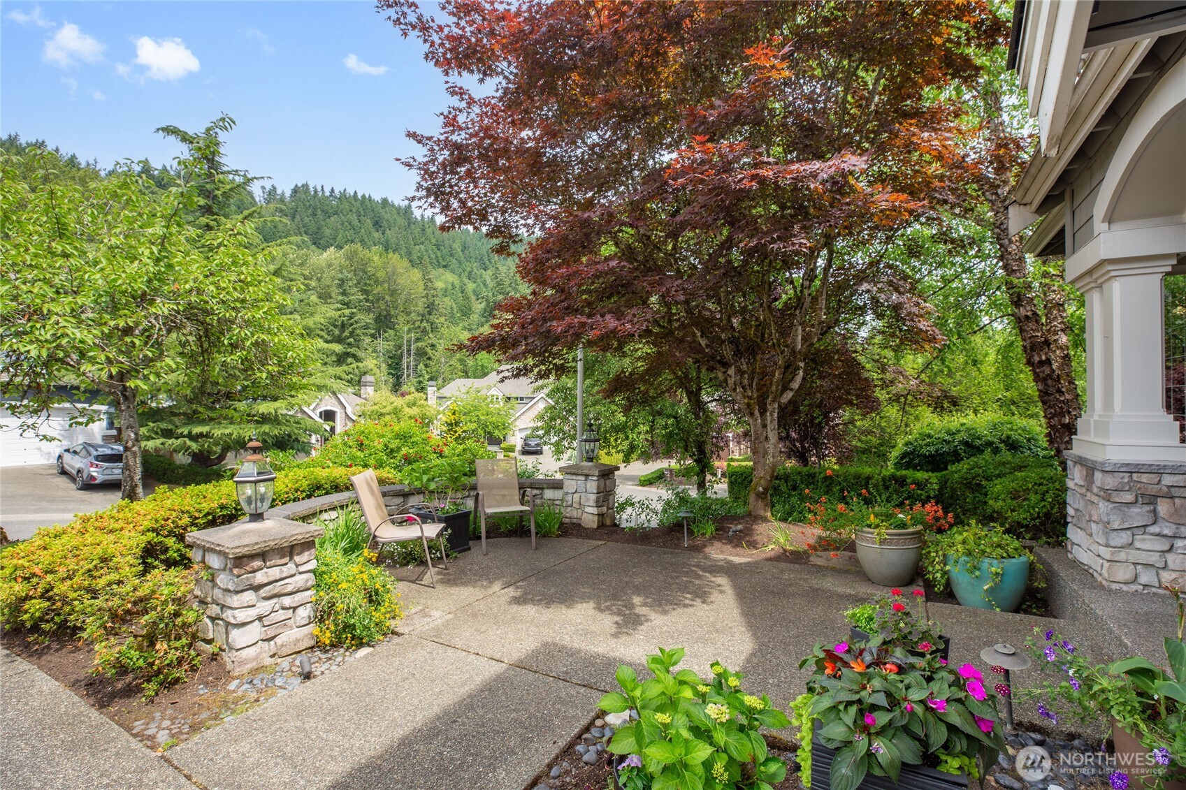 Lovely front patio area looks out to Cougar Mountain
