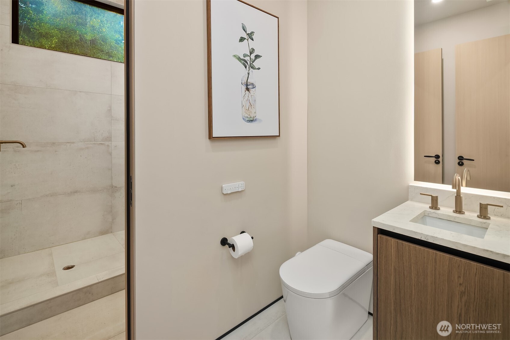 Lower level bath connected to shower/cold plunge room