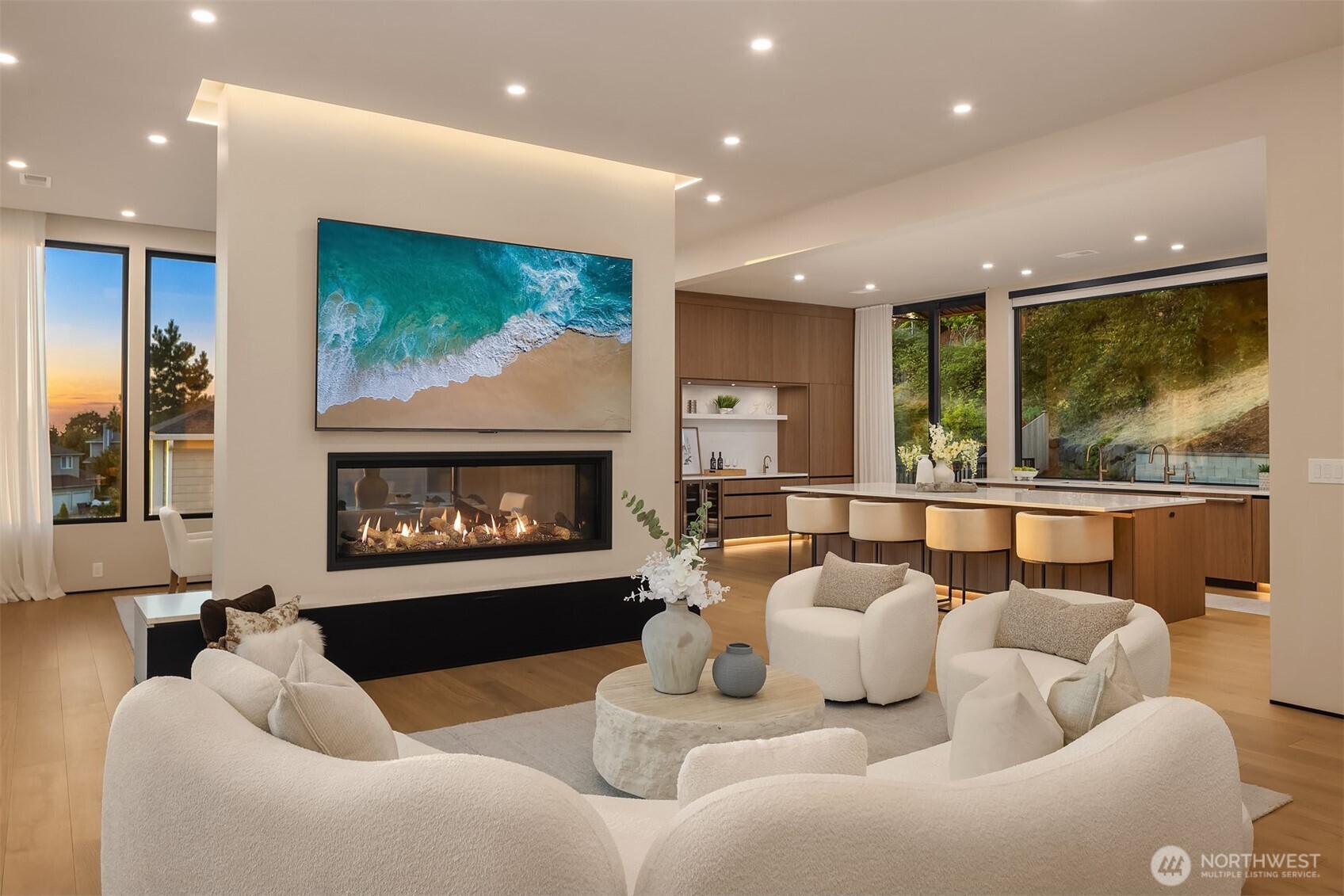 12 foot ceilings + recessed ceilings. Power curtains throughout main florr