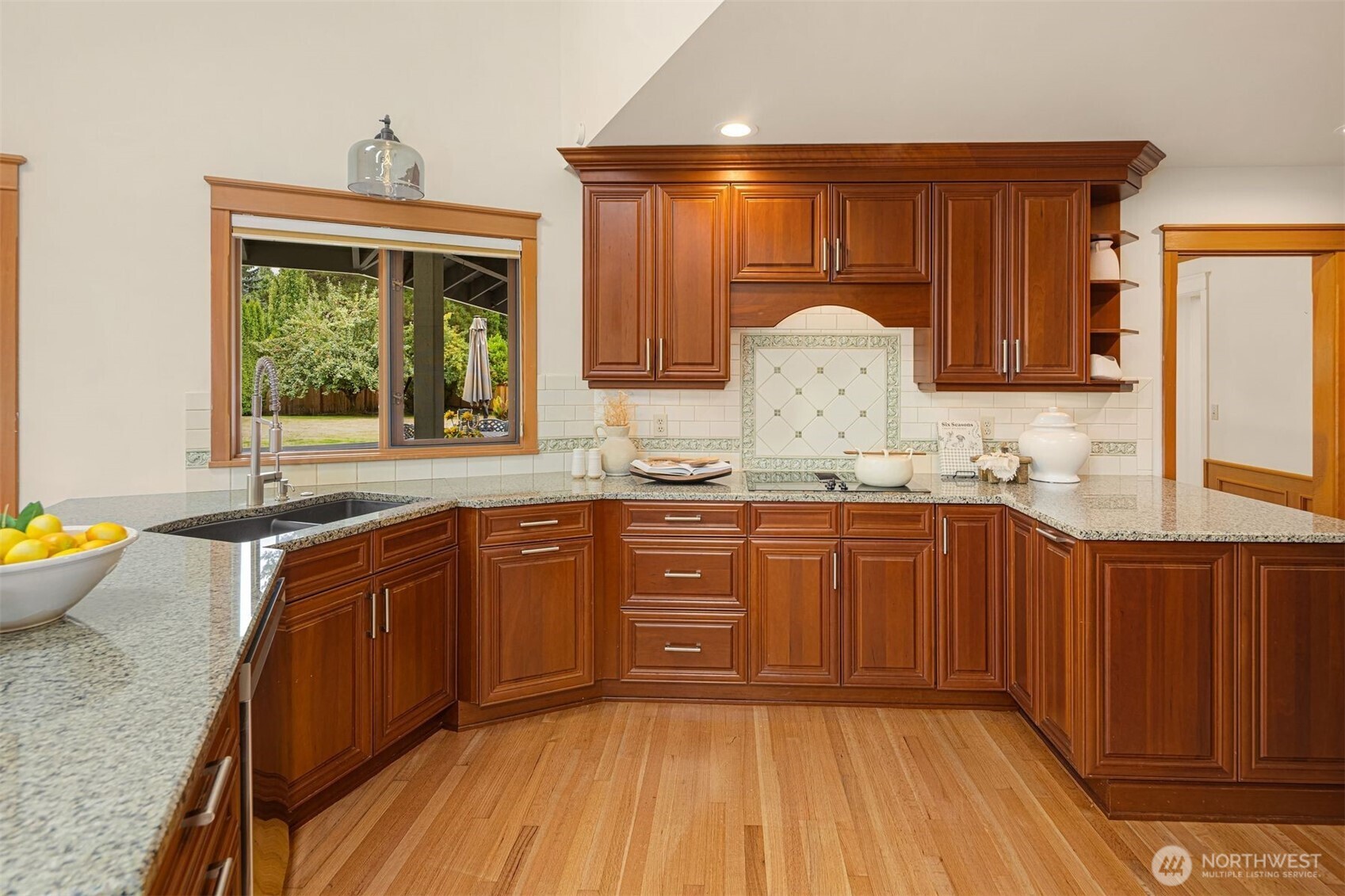 Open kitchen, eating nook and family room