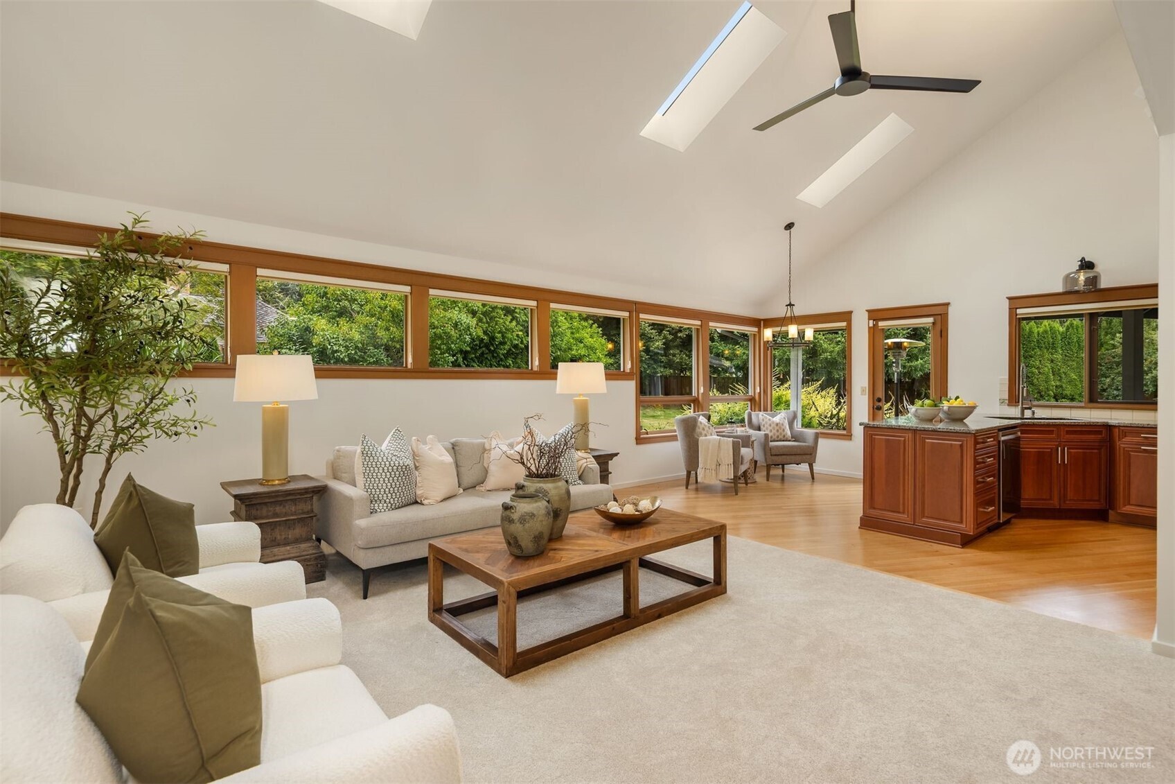 The dining room with french doors open directly into the garden