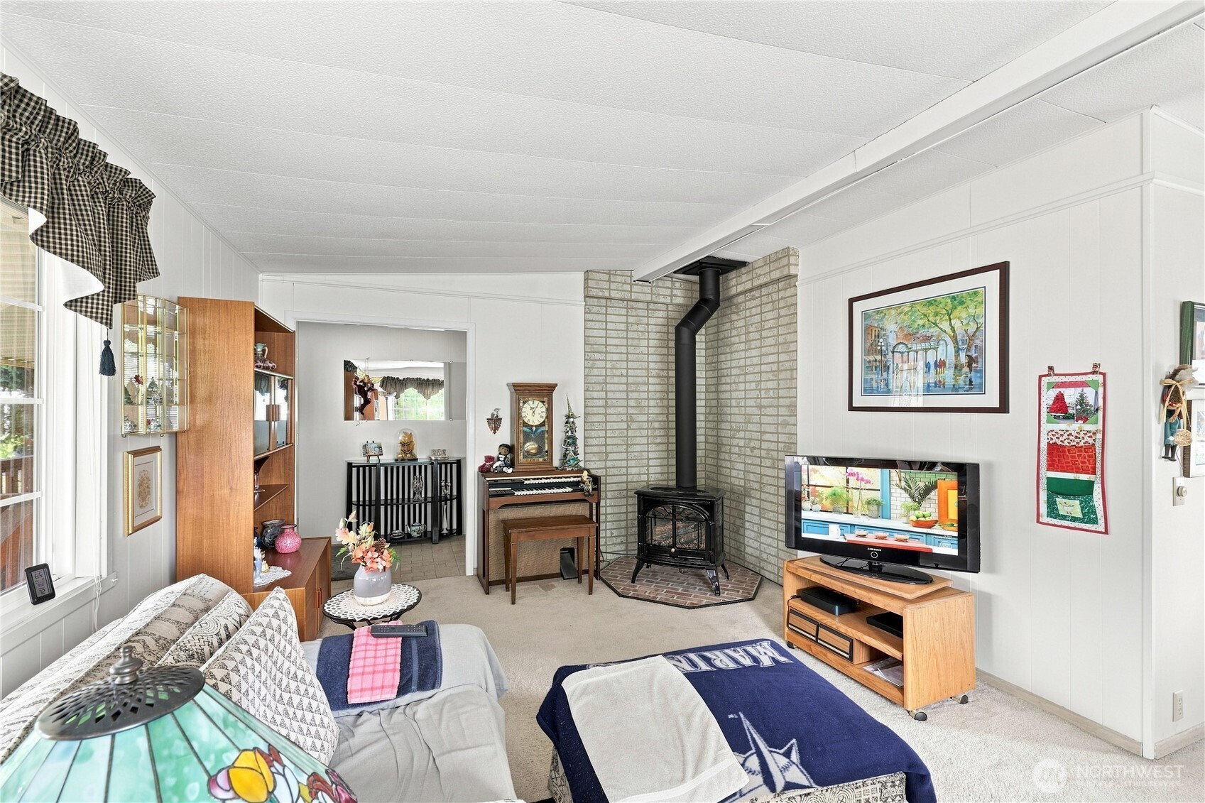 Gas log free-standing stove in living room is great on cold winter days.