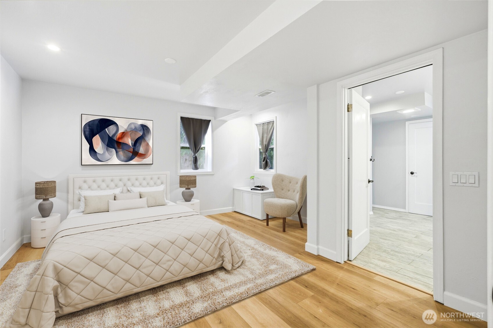 Virtually staged pic of the master Bedroom.  Very spacious and private.