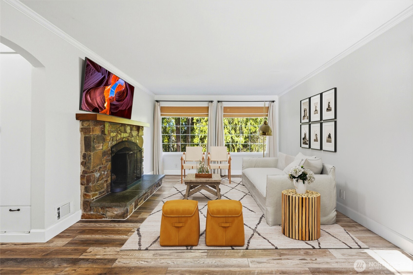 Virtually staged photo of the family room.  Tons of Privacy and a huge lot!