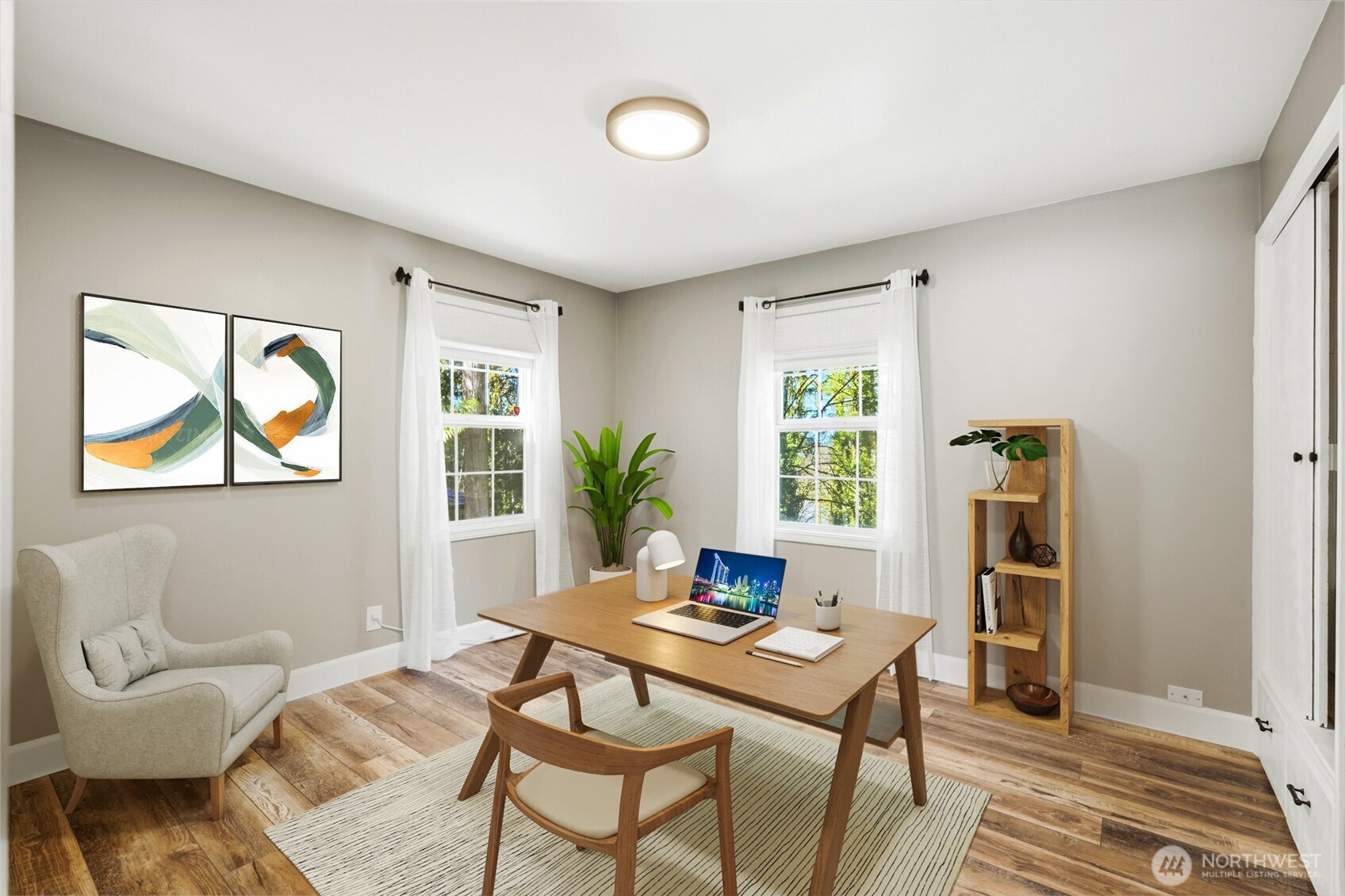 Viturally staged First  bedroom | Office on the main floor.  Tons of windows and privacy!