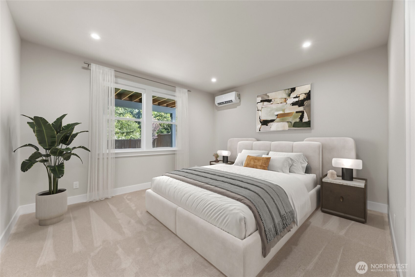 Private lower-level bedroom. Virtually staged.