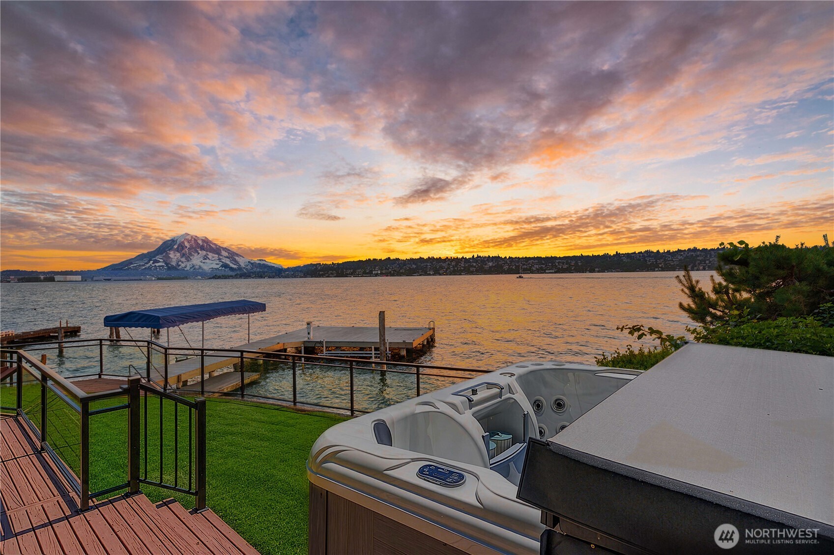 Soaking in Jetted Spa watching gorgeous sunset behind Mt. Rainier