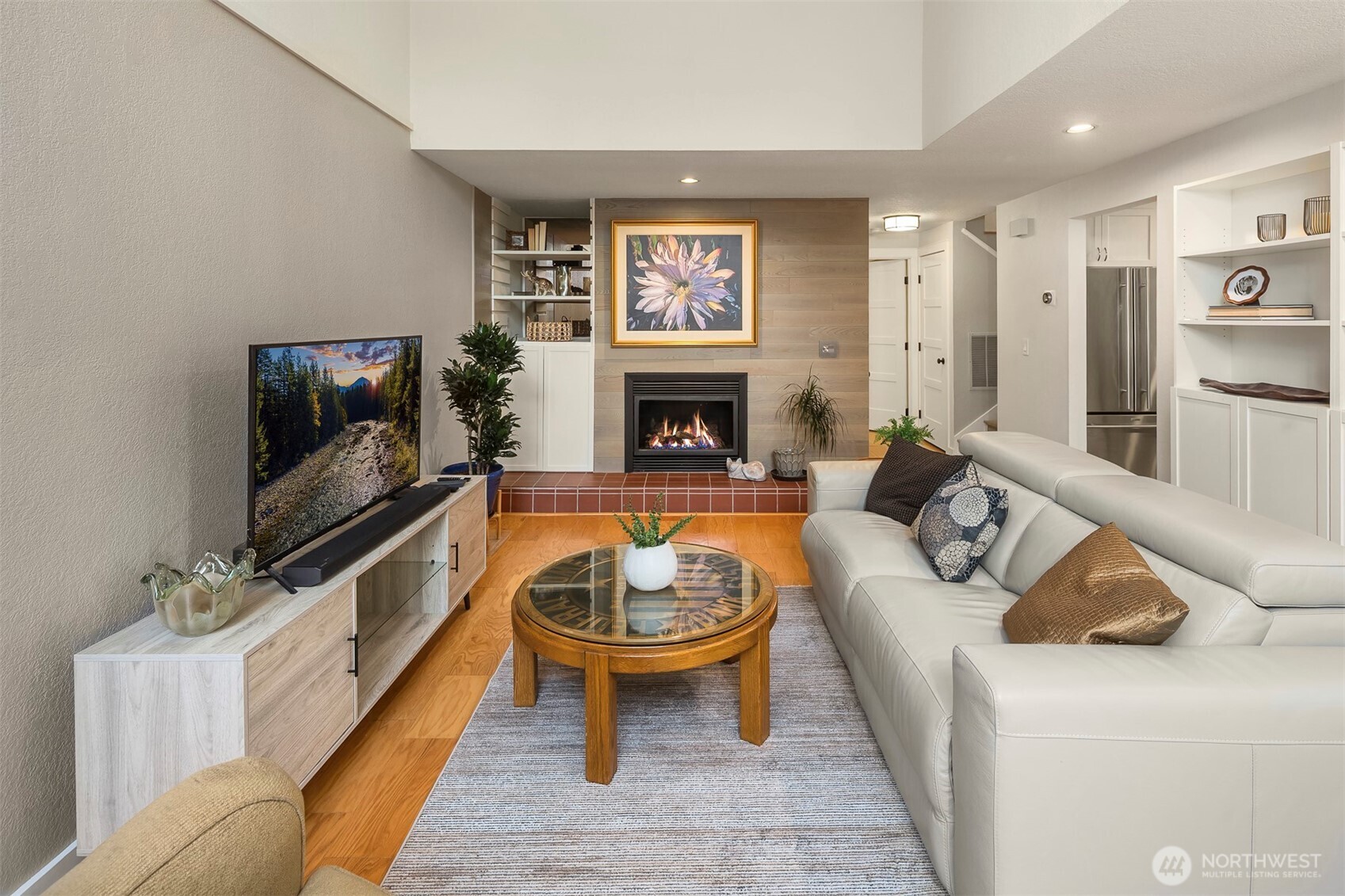 The family room is completely open to the kitchen and dining room