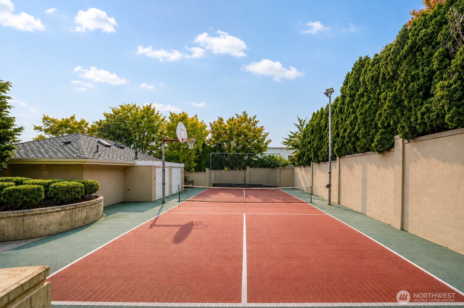 Enjoy your own private recreation retreat with a full-size sport court designed for tennis, basketball, pickleball, and year-round fun