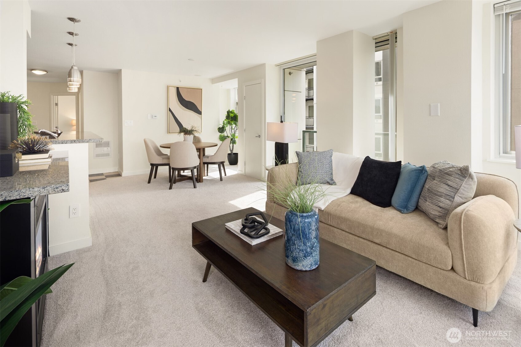 The open floorplan keeps the condo's common areas connected.