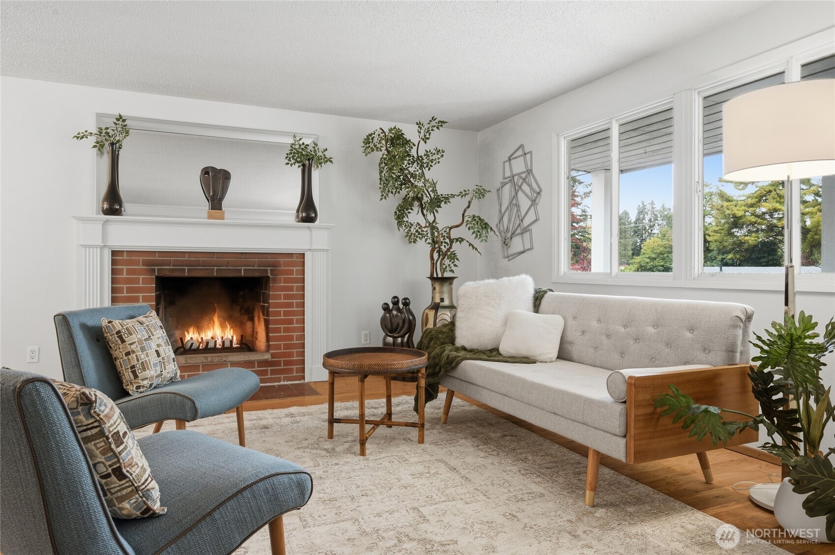 Living room with wood burning fireplace