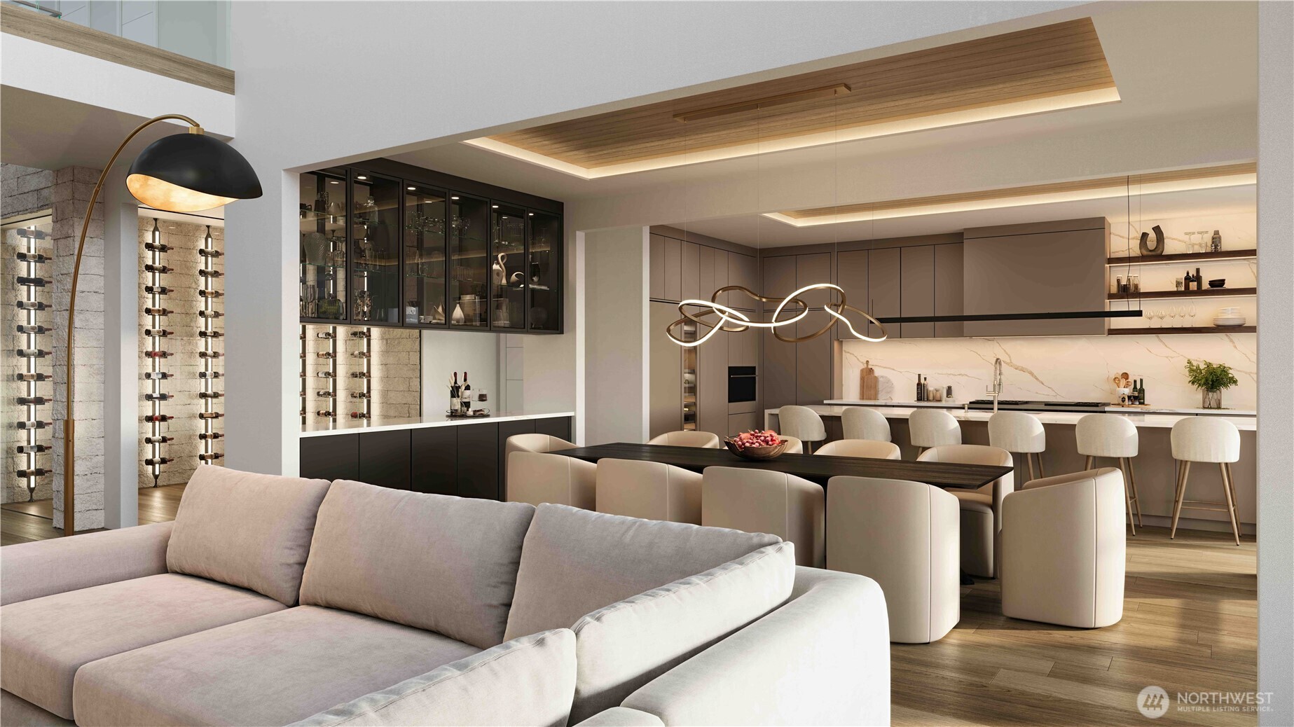 Open floorplan with living room and wine room (Conceptual Rendering)